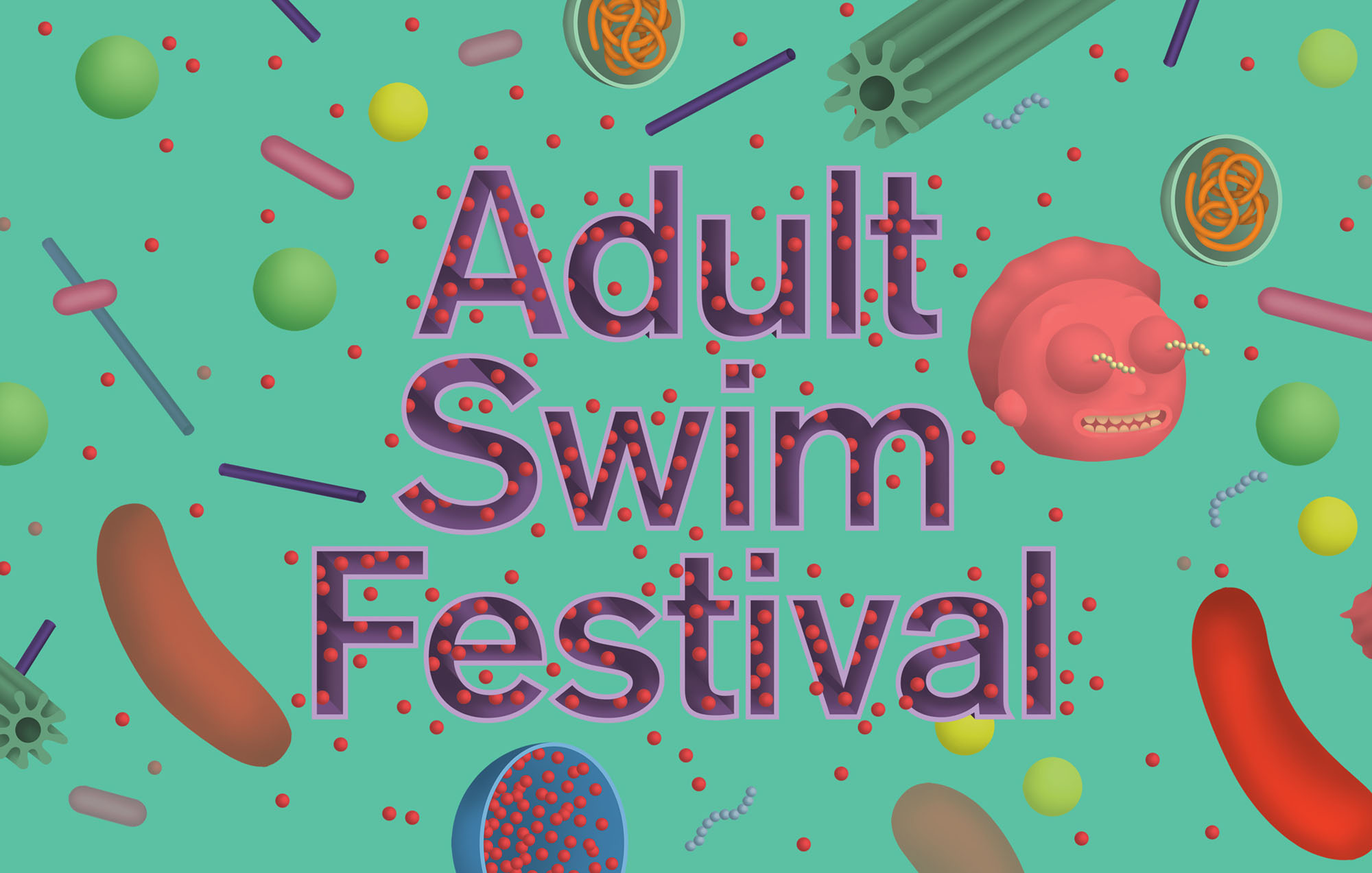 adult swim festival with logo surrounded by colorful cell illustrations with a green background