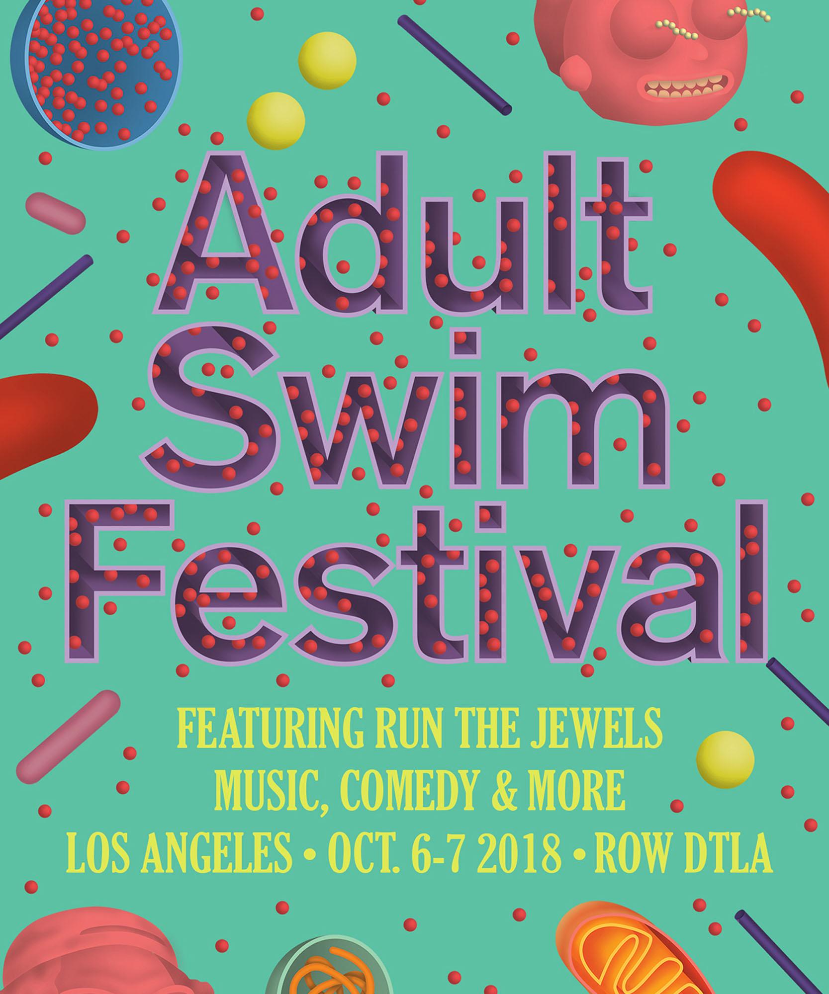 Adult swim festival ad with adult swim logo and floating cells with a green background