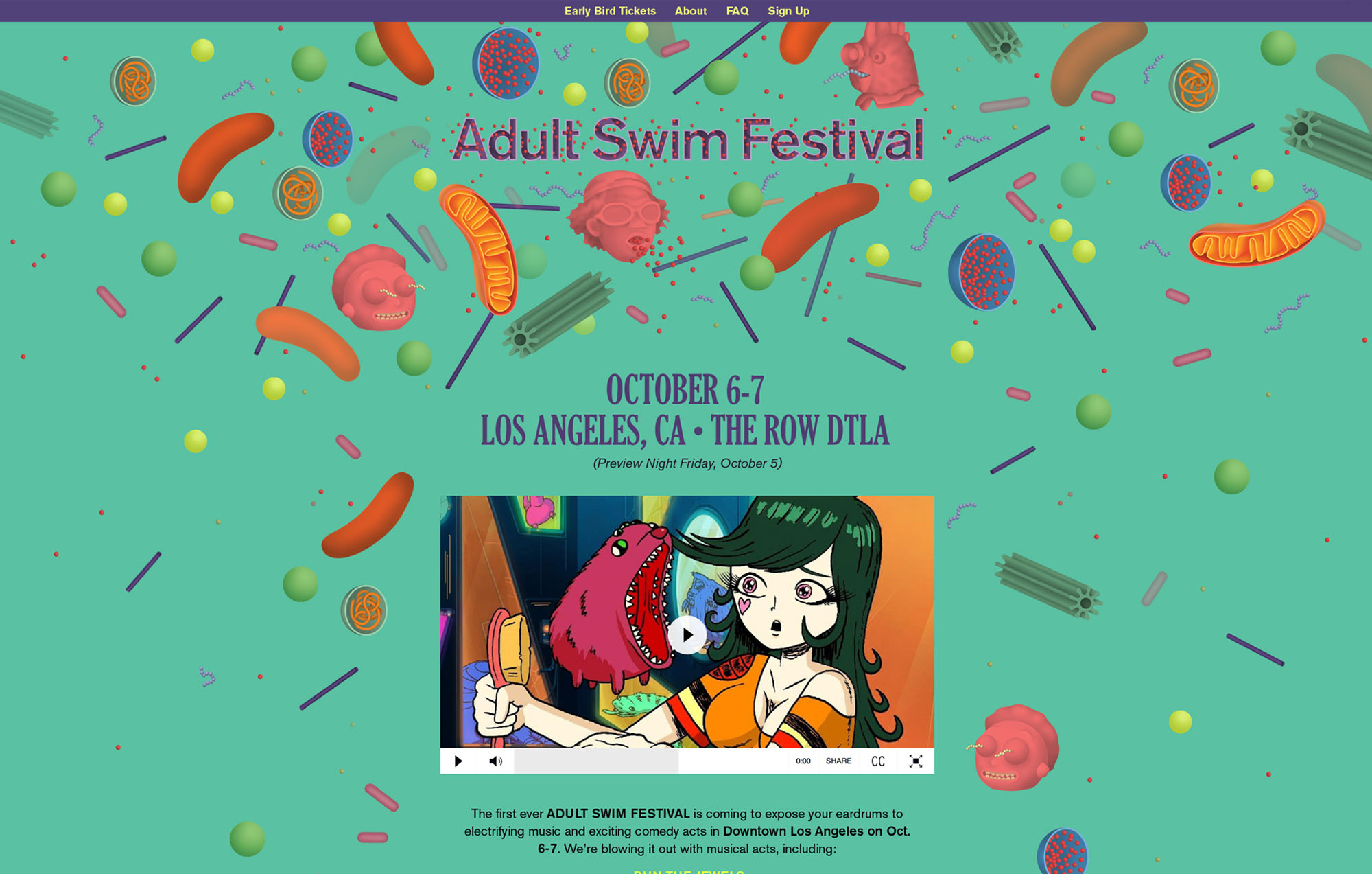 a illustration of a web advertisement with the adult swim festival logo, floating cells with a green background