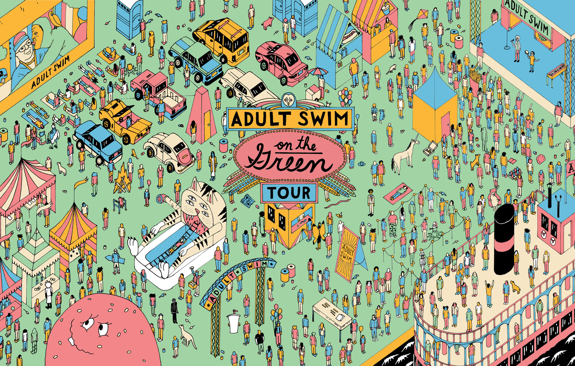 illustration of a festival with the words adult swim on the green in the middle