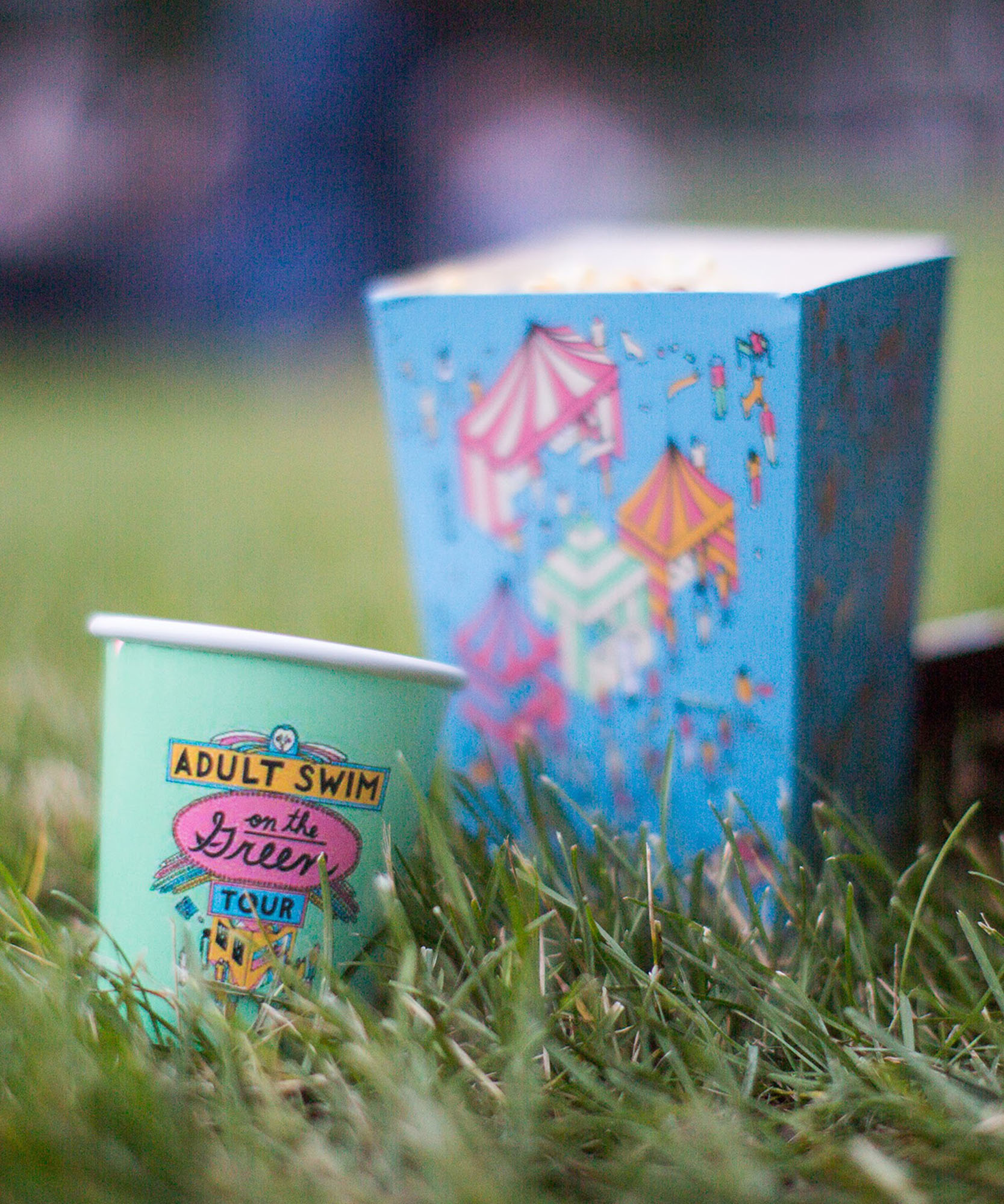 close up view of adult swim illustrations on cup and popcorn boxes on the grass