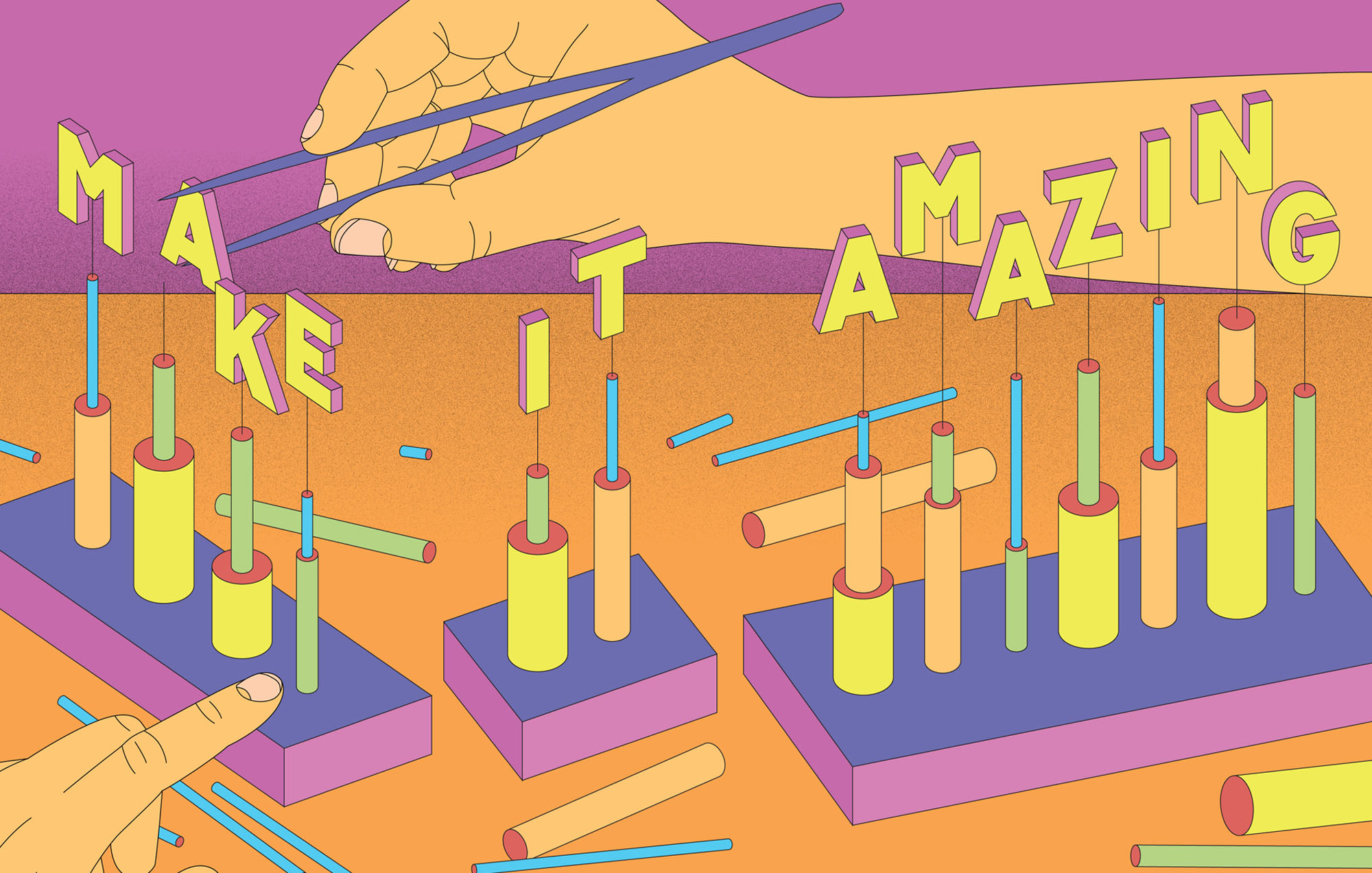 illustration of a hand with chop sticks placing the word make it amazing together