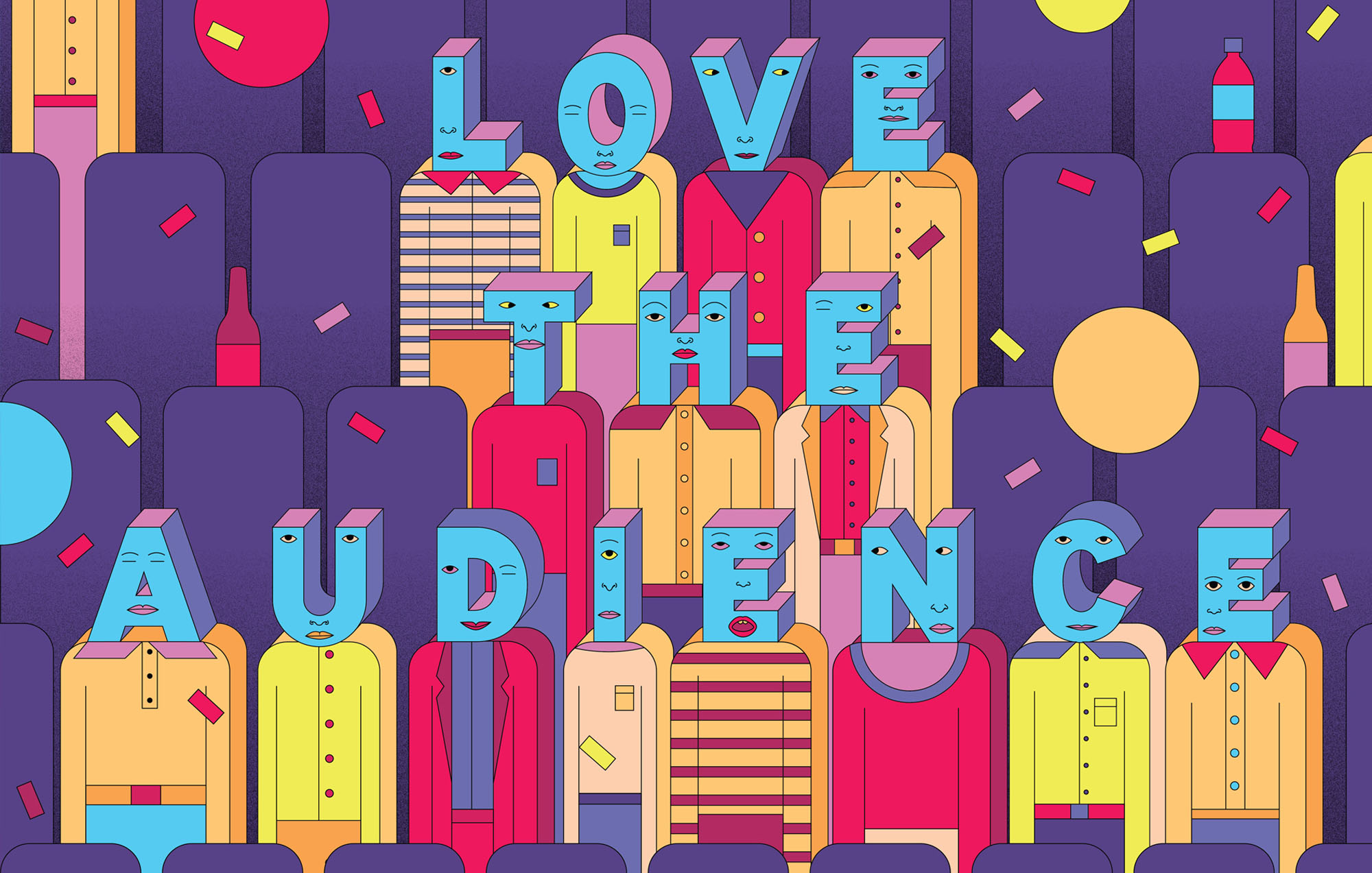 illustrations of people at the move theater without faces but letters that spell out love the audience