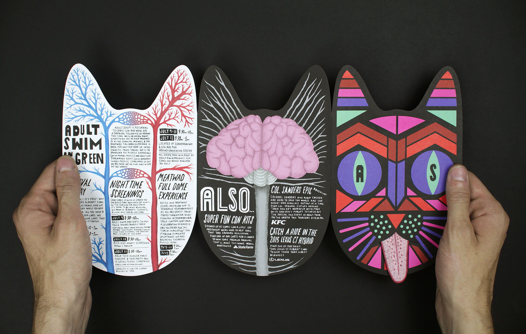 an open card with a multi colored cat to the right a illustration of a brain centered with some word and more writing to the left with a white background