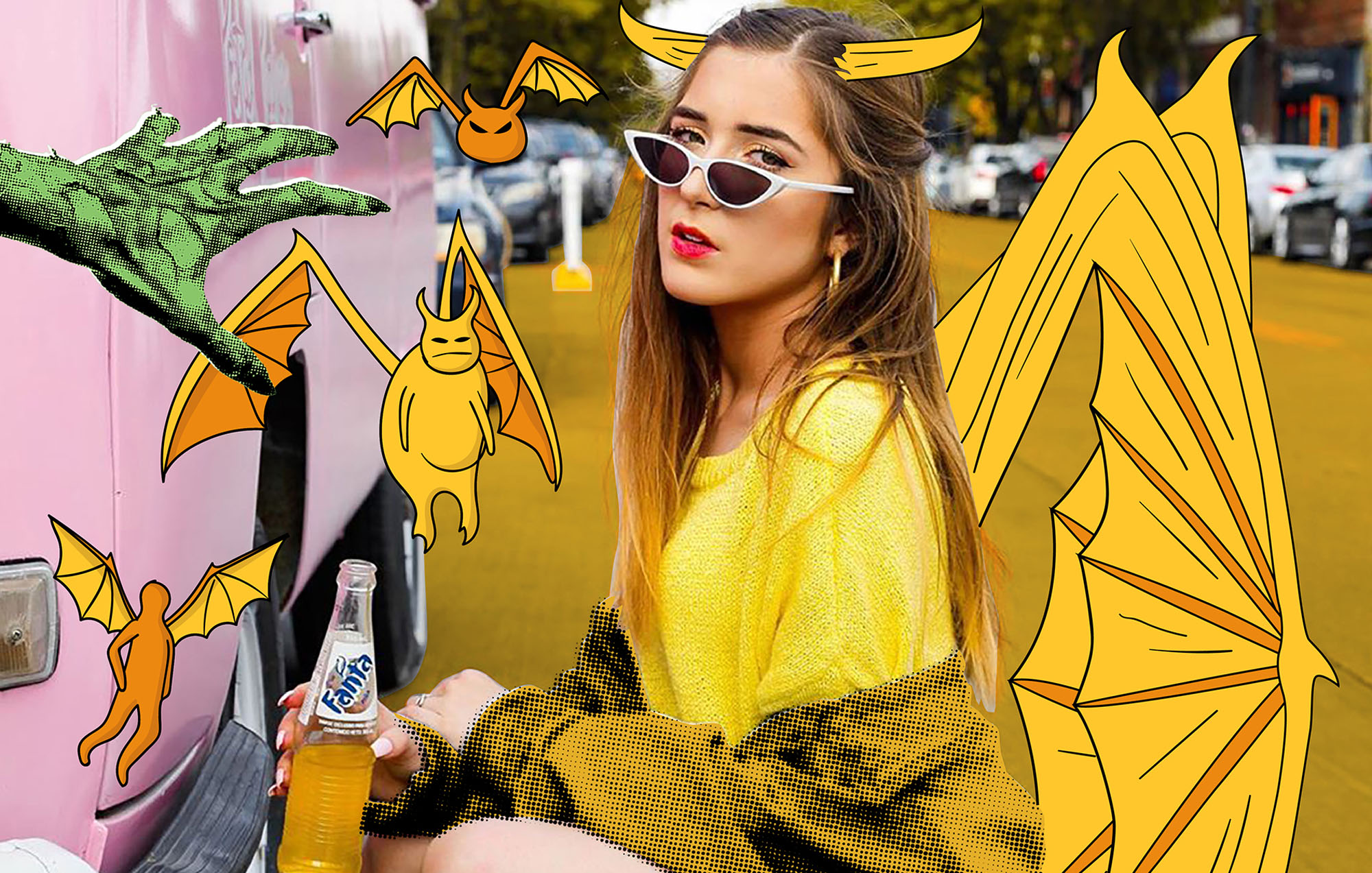 women transformed to an orange dragon with little orange dragons around her with an out door background with many cars