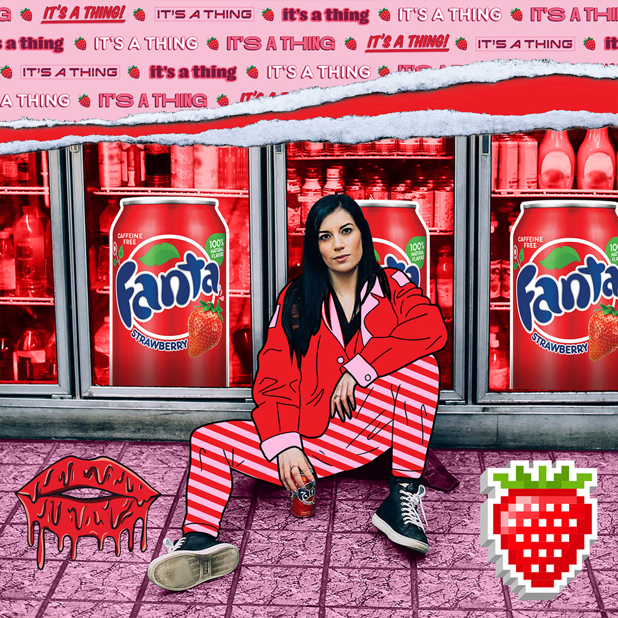 women sitting down in store with strawberry fanta illustrated in the background and strawberry illustrated in front of her