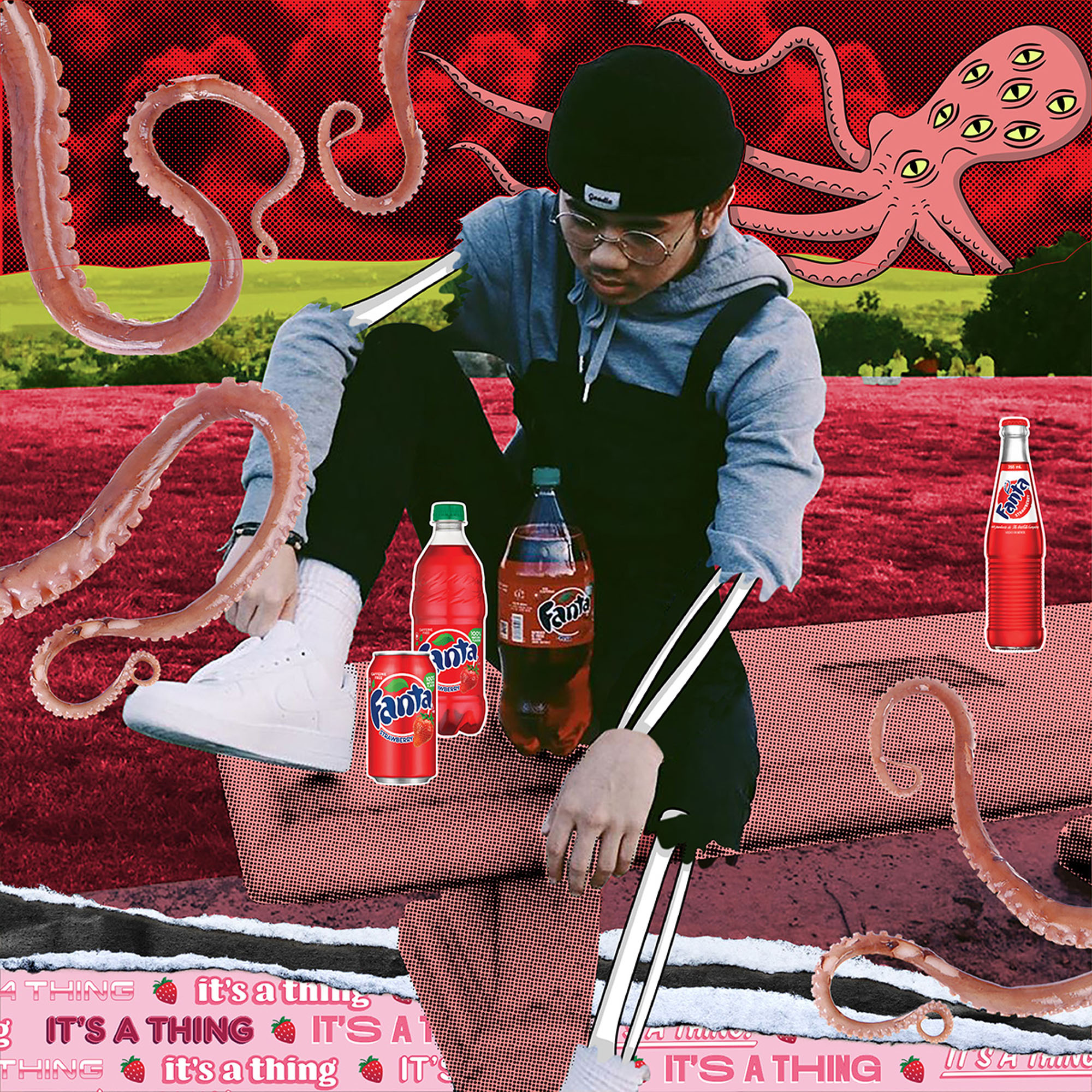 young man sitting on bench looking at strawberry fanta slightly transformed by illustration to a skeleton with illustrated octopus in the background