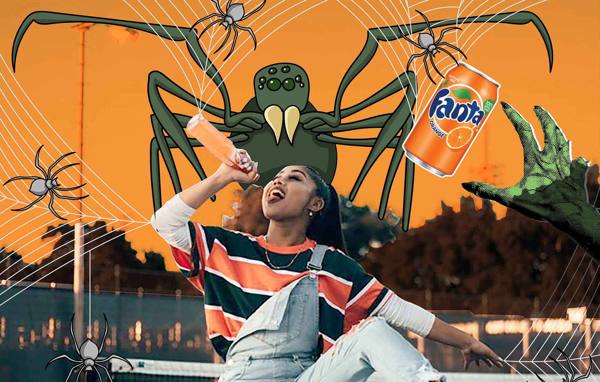 women drinking a orange fanta with a illustrated spider in the background behind an orange sky