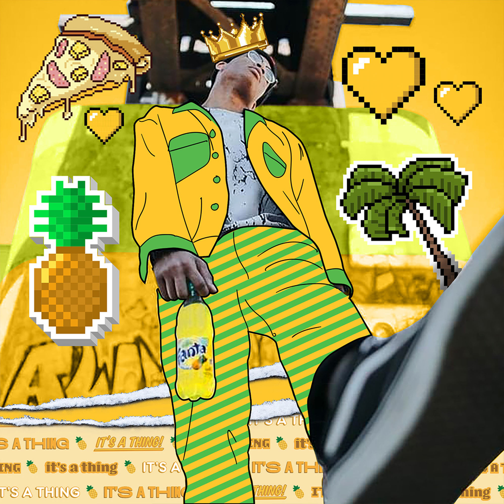 Man walking with a yellow fanta with pizza yellow hearts and pineapples illustrated in the background