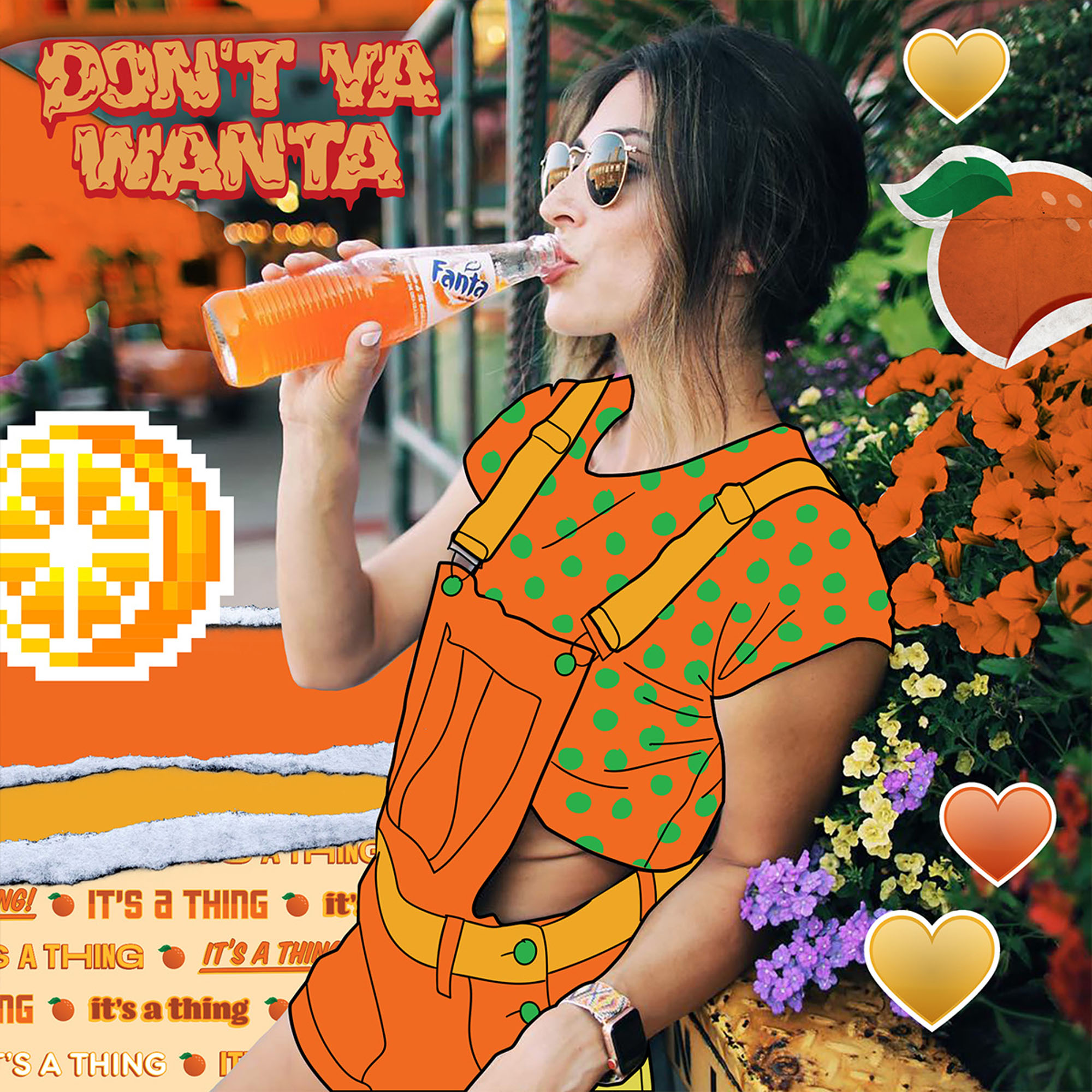 women drinking an orange fanta with illustrations in the background