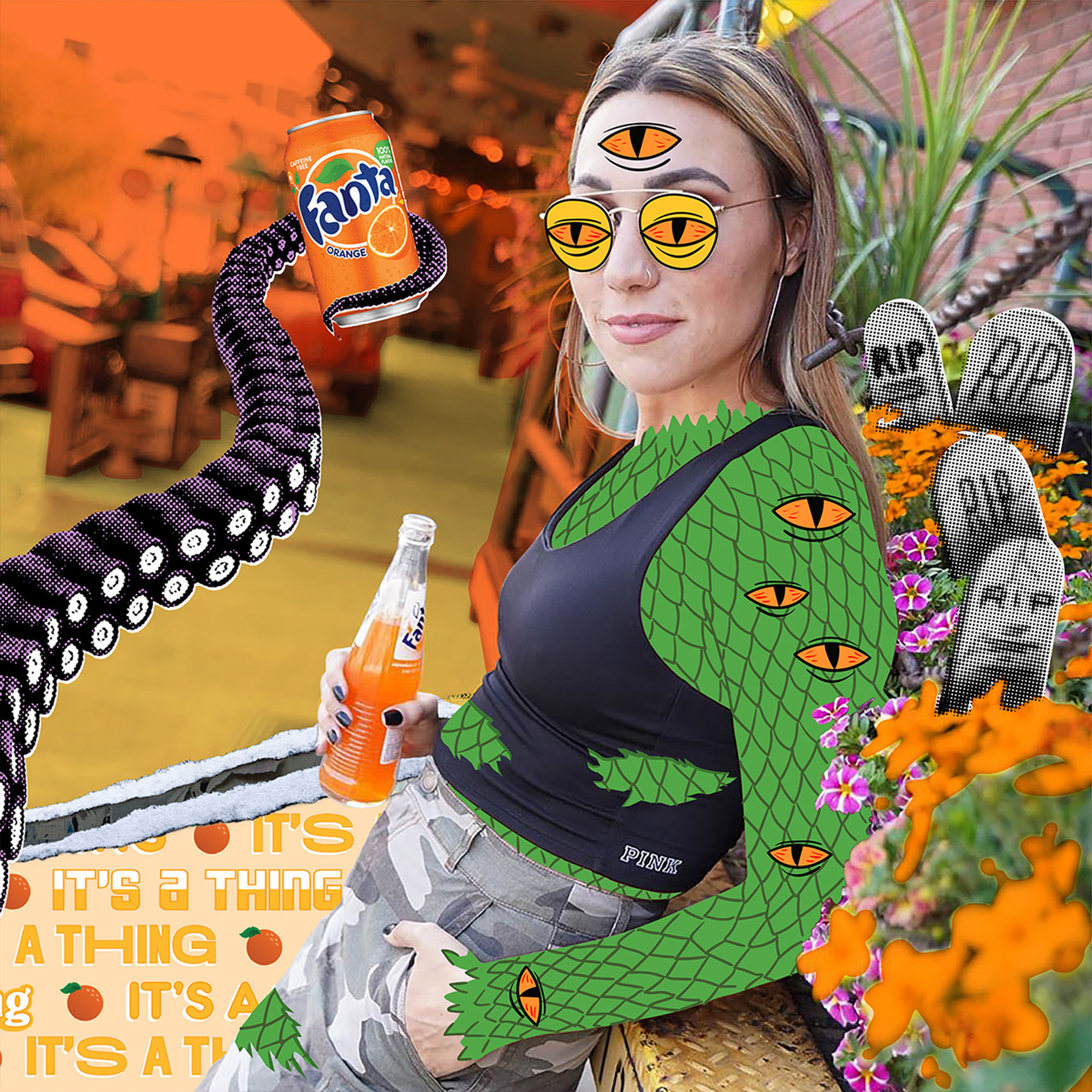 women holding a fanta transformed into a lizard with three eyes with an orange background