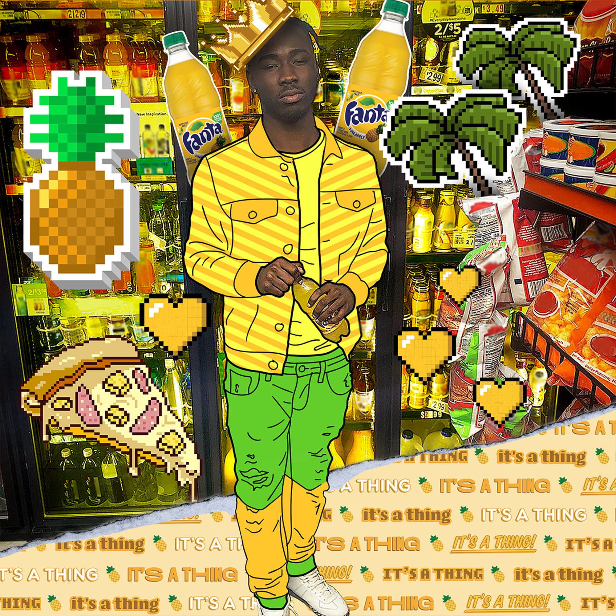 man holding a pineapple fanta inside store with yellow illustration beside him