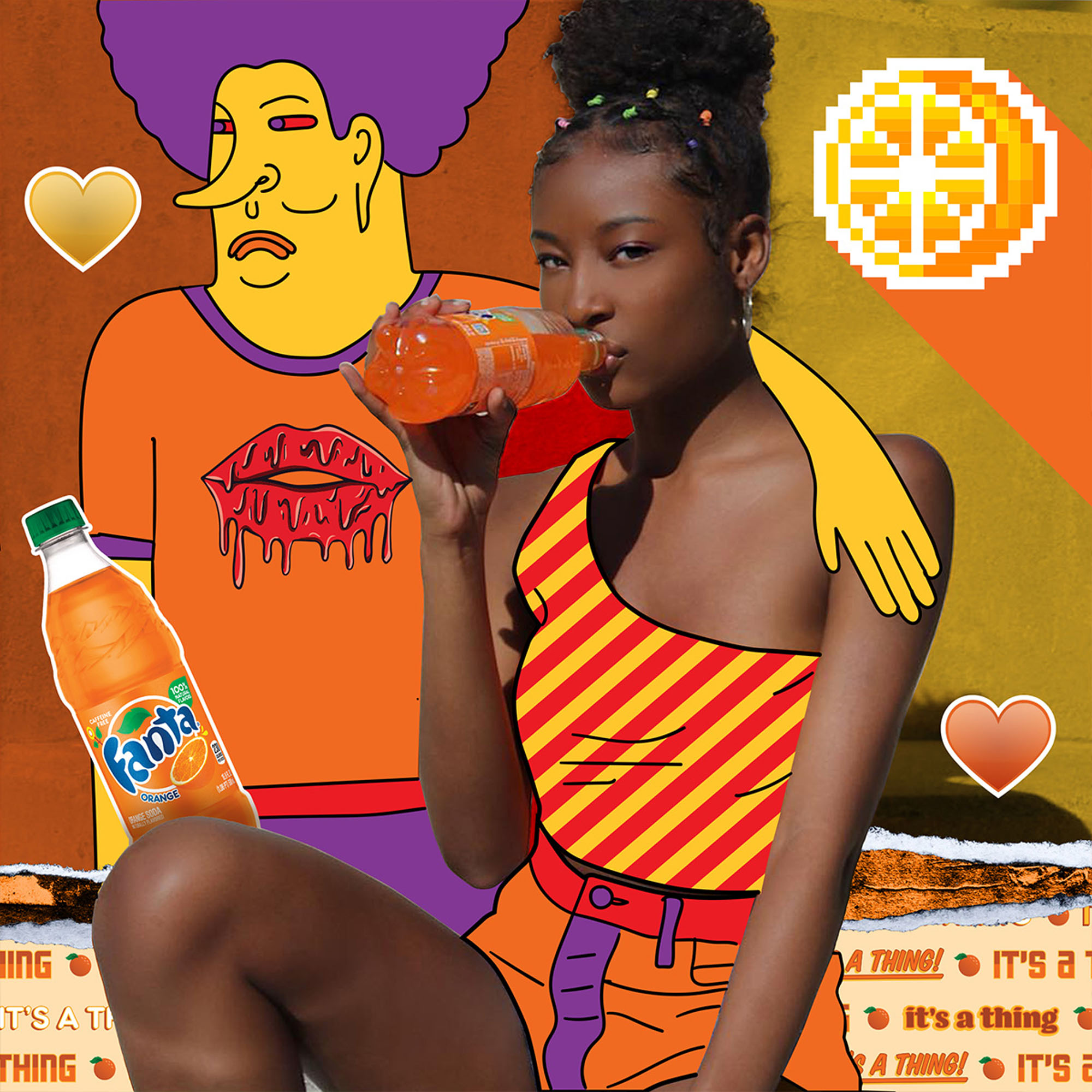 women drinking orange fanta with a illustration of a man with his arm on her shoulder