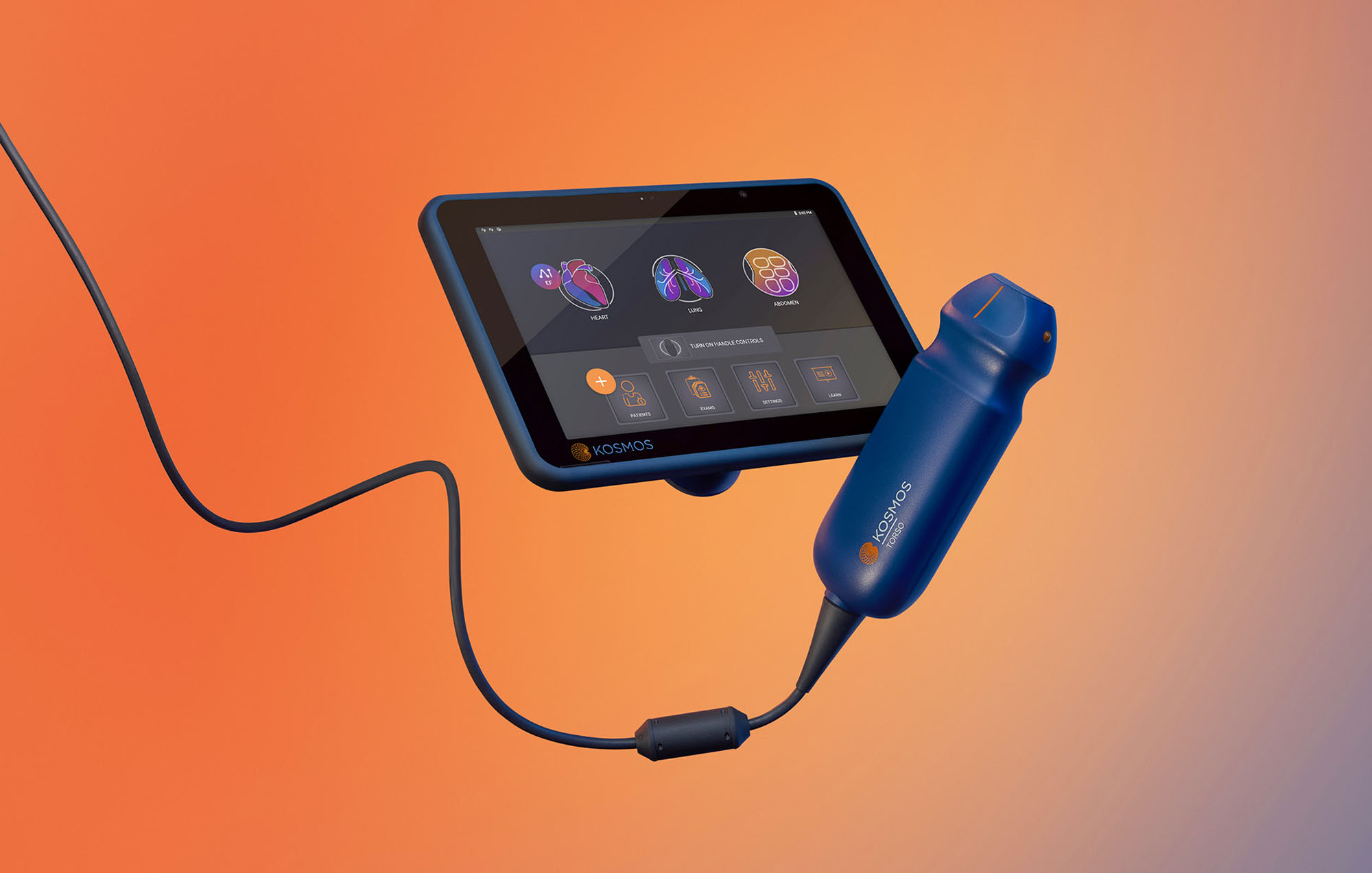 a display of a Kosmos monitor with a blue remote and wire all floating with an orange background