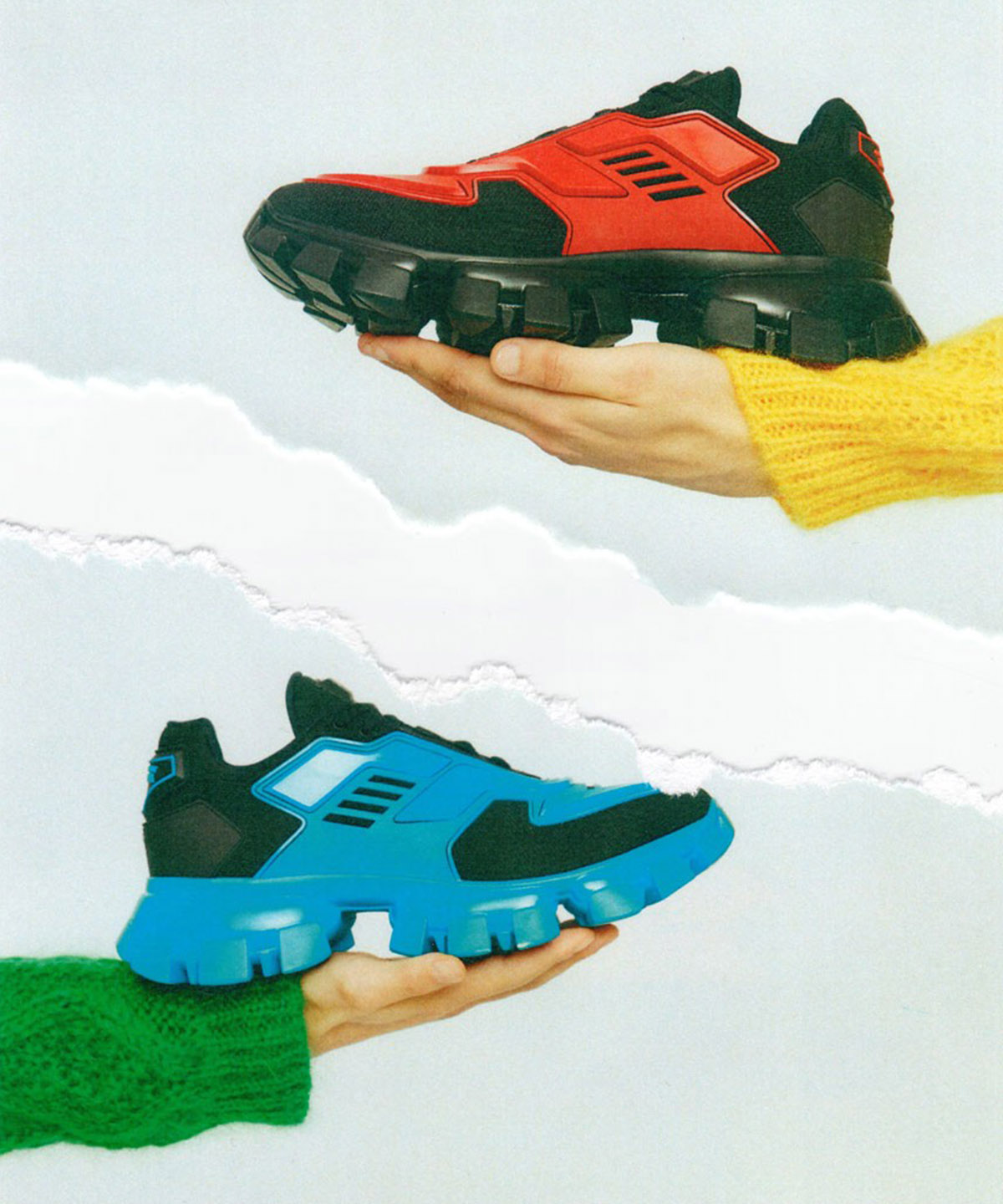 up close view of two shoes both being held by a hand one shoe is red one is blue