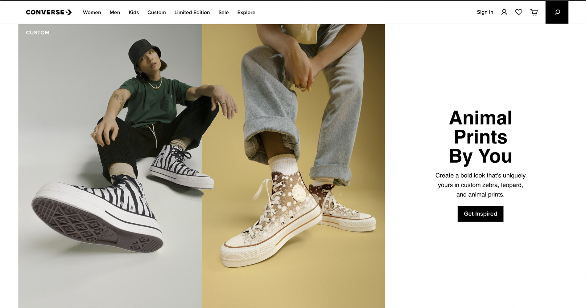 a model sitting down with a zebra print converse shoe with a grey background beside a yellow background and another model with a cheetah print shoe with a yellow background