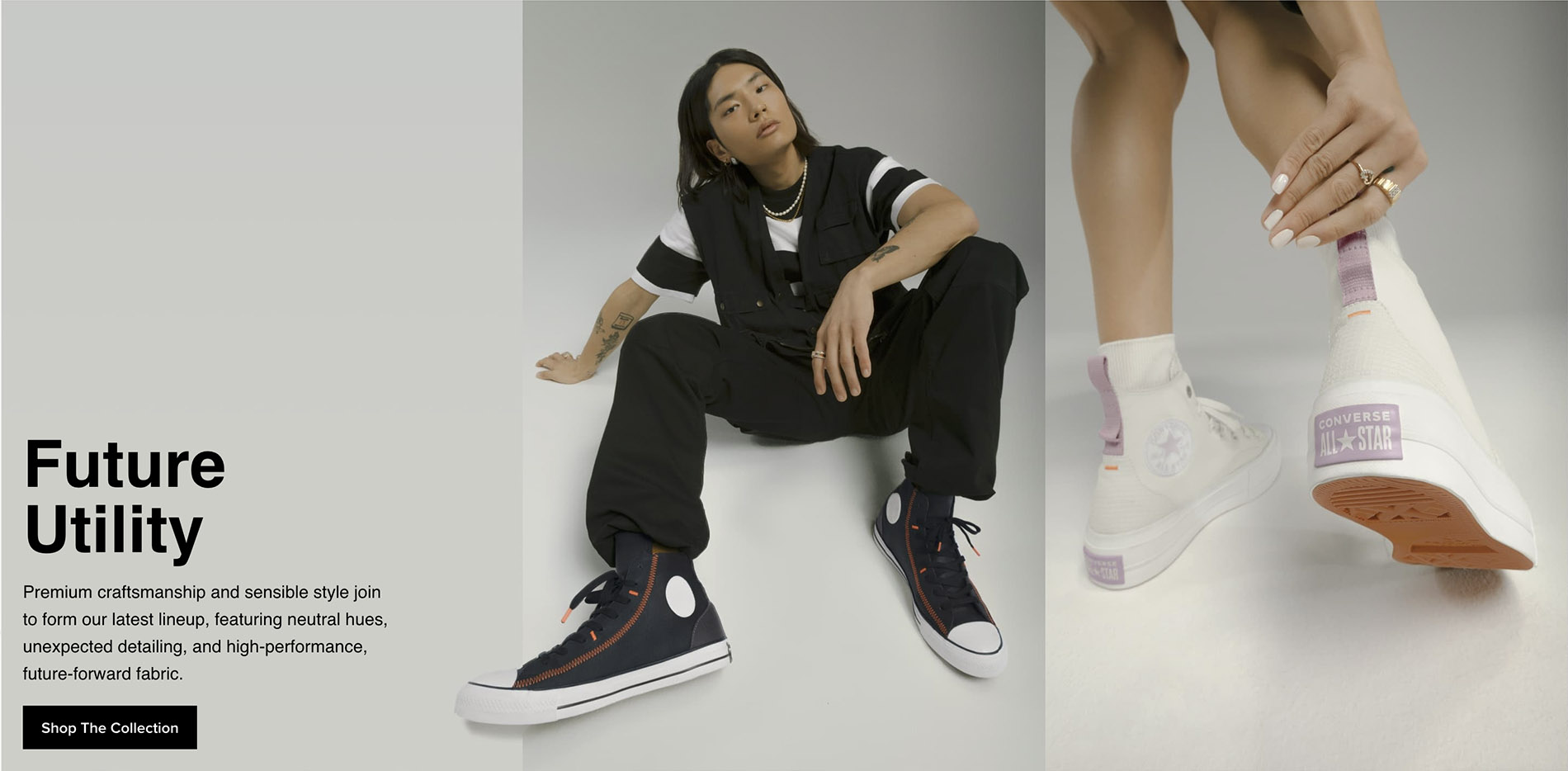 in the center of the photo you see a male model sitting down wearing all black and a black converse shoe to the left you see an up close view of a hand wearing to gold rings pulling up a white converse shoe to the right you see the ad word with the title future utility