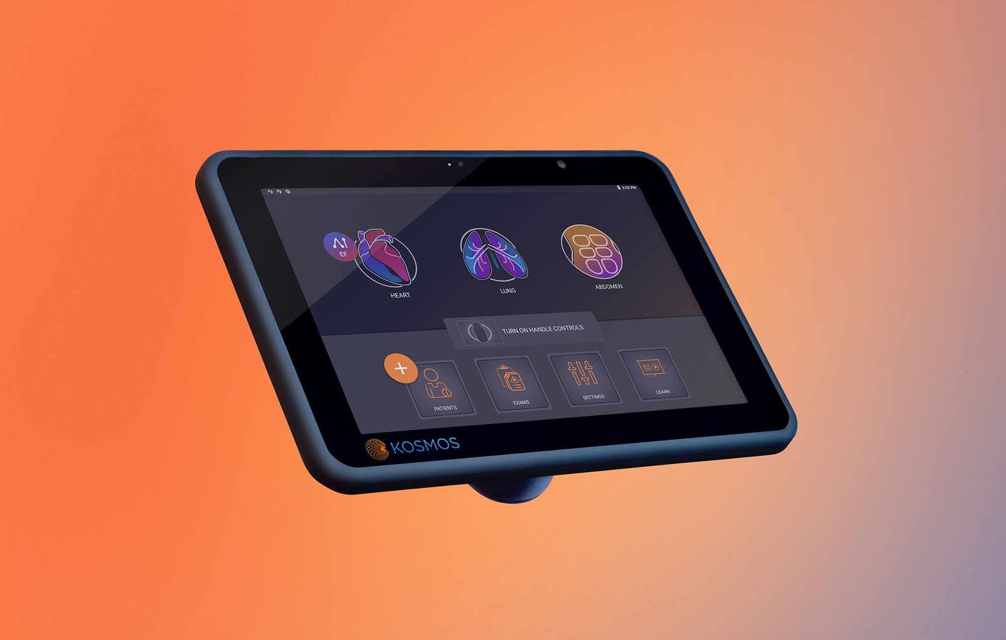 Kosmos Monitor floating with an illustration of a lung and heart on display the monitor is floating with an orange background