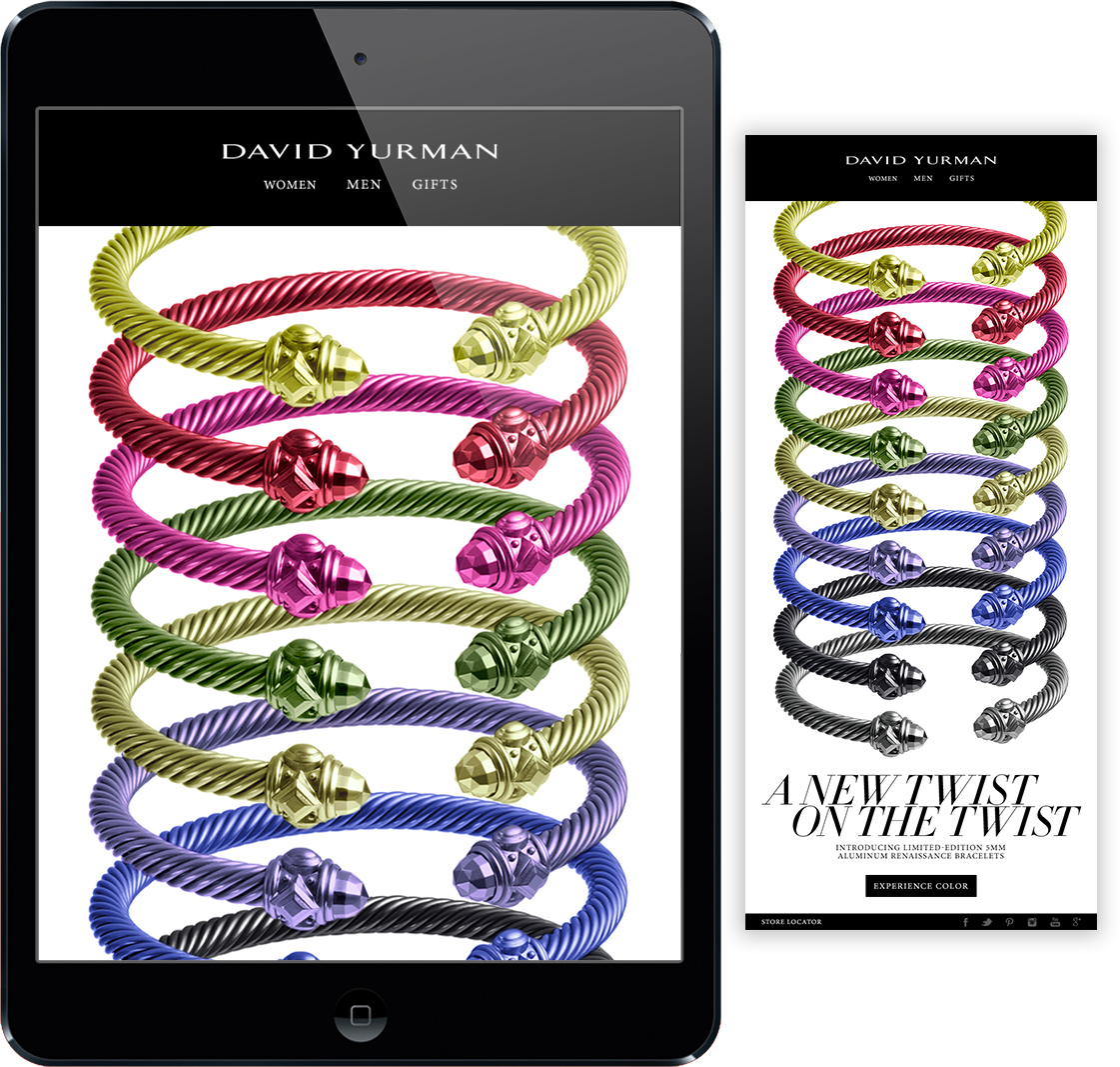 seven bracelets in different colors shown on ipad with david yurman logo on top