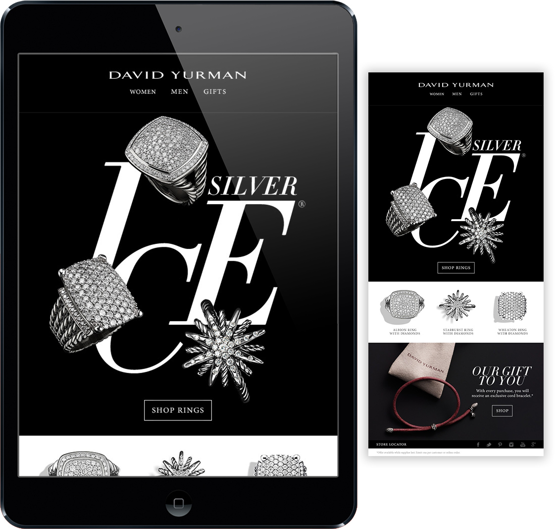 three diamond silver rings with the word silver Ice and a David yurman logo on top displayed on Ipad