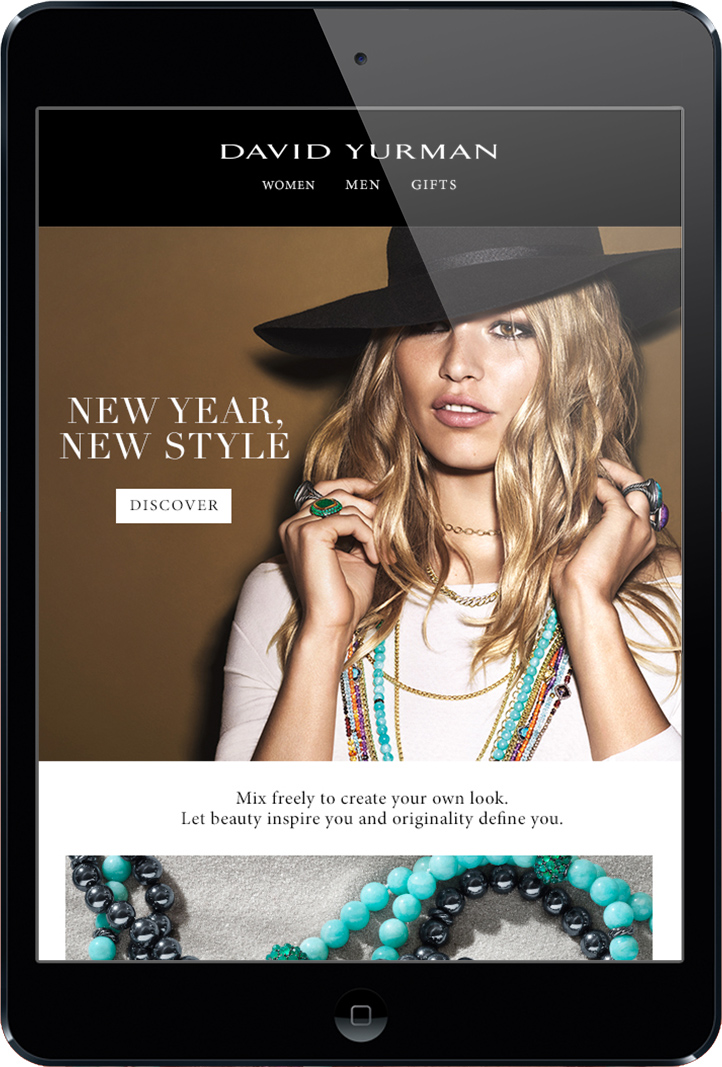 model wearing black hat wearing two colorful rings on each hand and seven colorful necklaces displayed on ipad with david yurman logo on the top