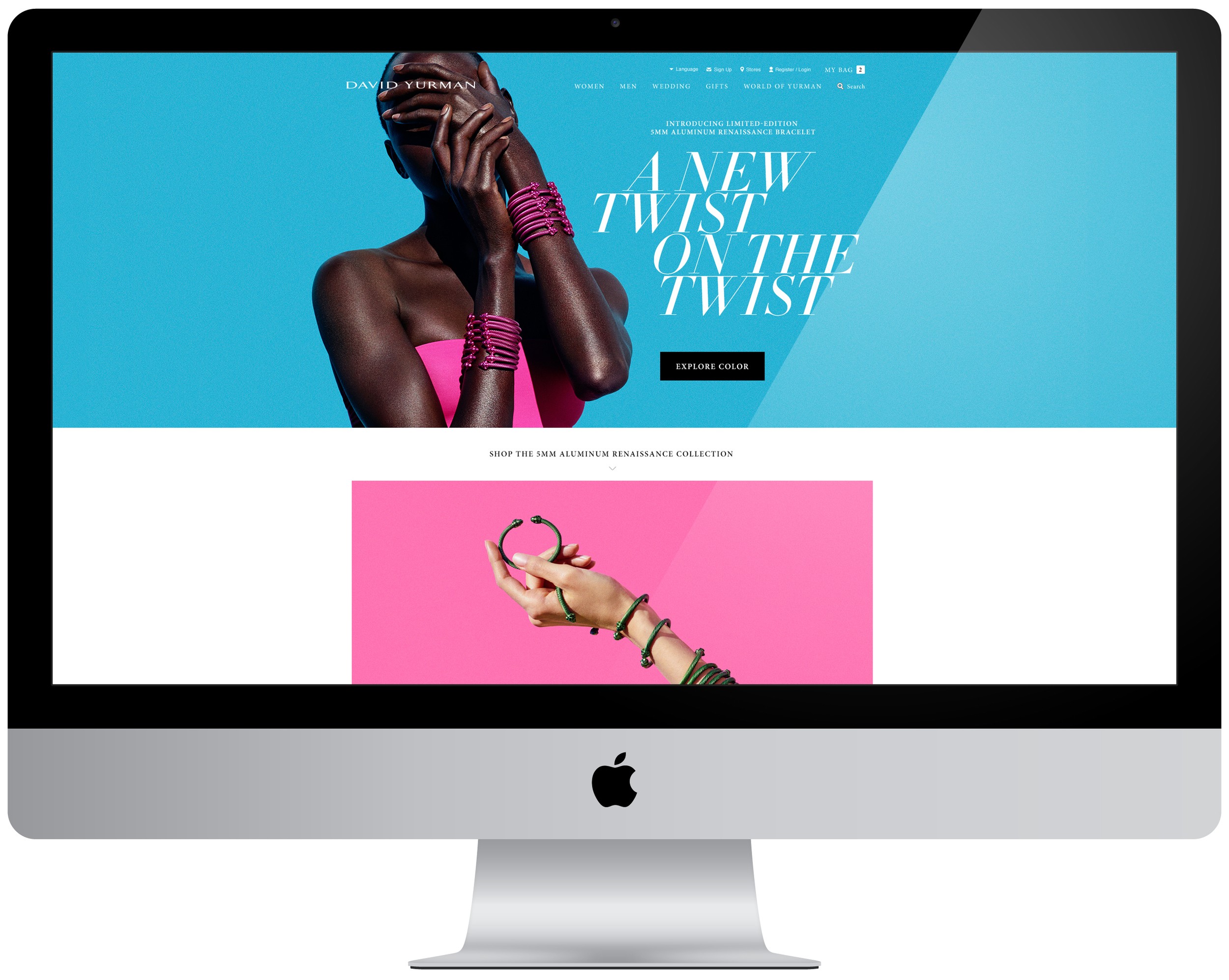 model with pink dress and nine pink bracelets on each hand with a blue background displayed on apple desktop with david yurman logo on top