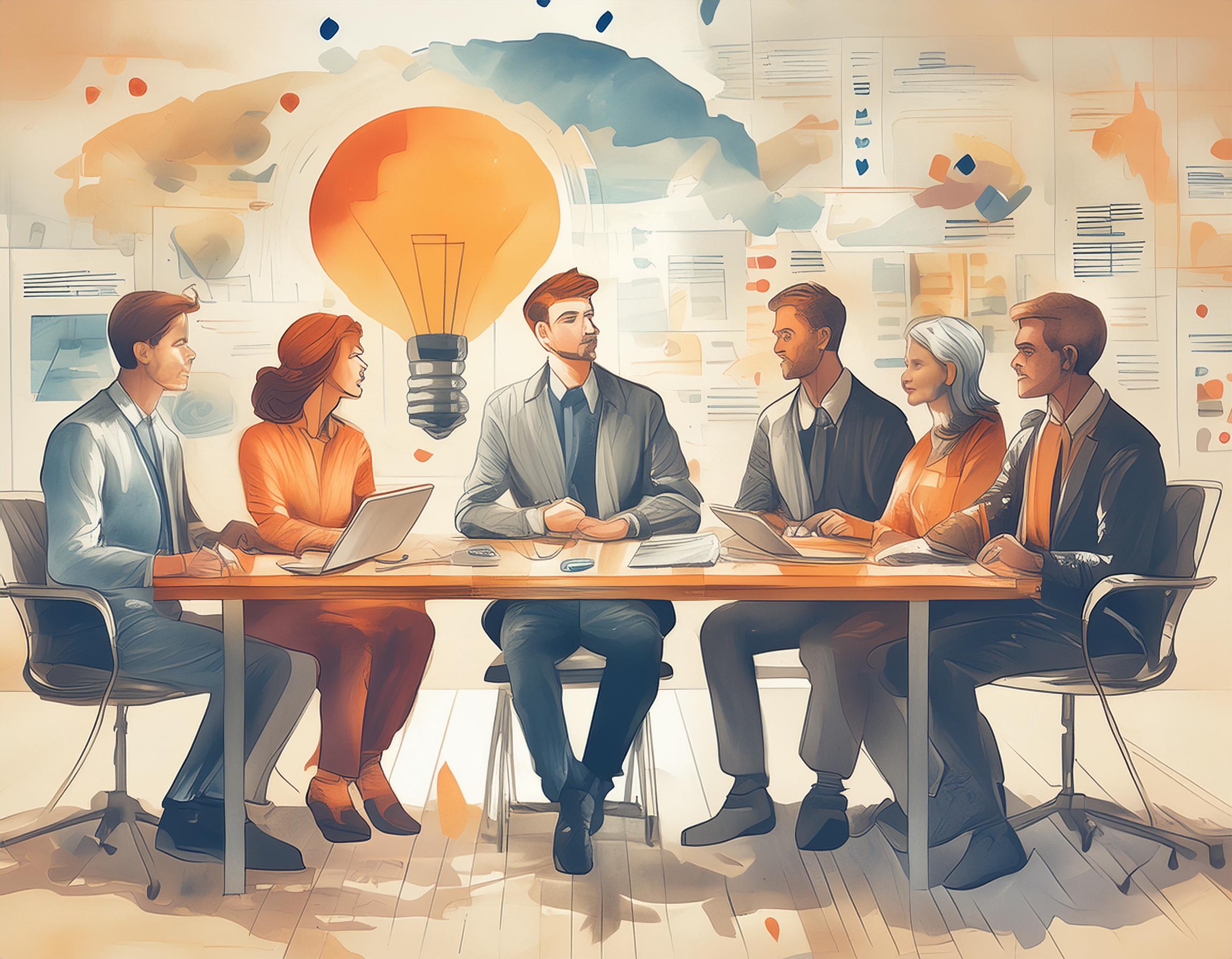 Die Illustration zeigt eine Gruppe von sechs Personen, die um einen Konferenztisch sitzen und eine Besprechung abhalten. Im Hintergrund befindet sich eine große, leuchtende Glühbirne, die für eine kreative Idee oder Inspiration steht. Die Personen sind professionell gekleidet und scheinen konzentriert miteinander zu diskutieren. Einige haben Laptops oder Notizblöcke vor sich liegen. Die Umgebung ist mit verschiedenen Notizen und Diagrammen dekoriert, was auf eine produktive Arbeitsatmosphäre hinweist. Die Illustration verwendet warme Farben und einen stilisierten, leicht abstrakten Zeichenstil, der die Dynamik und Zusammenarbeit in der Gruppe betont.