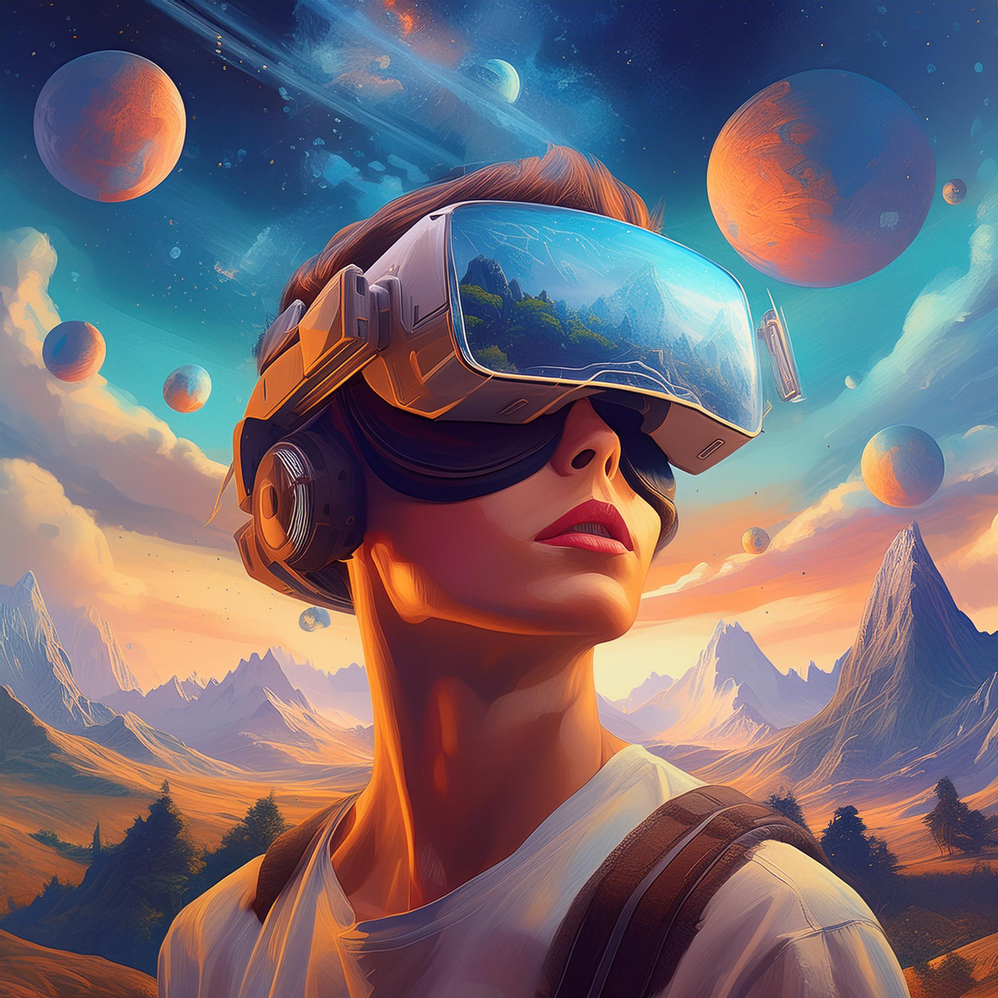 Die Illustration zeigt eine Frau mit einer futuristischen Virtual-Reality-Brille, die in eine faszinierende, digitale Welt eintaucht. Um sie herum erstreckt sich eine beeindruckende Landschaft mit schroffen Bergen und fließenden Ebenen unter einem farbenprächtigen Himmel. Mehrere Planeten und Himmelskörper schweben im Hintergrund, was auf eine weitläufige und grenzenlose virtuelle Realität hindeutet. Die VR-Brille reflektiert eine lebendige Szenerie, die auf den immensen Umfang und die Tiefe der virtuellen Welt hinweist, in die sie eingetaucht ist. Die Frau trägt ein einfaches T-Shirt und einen Rucksack, was auf eine Mischung aus Alltag und futuristischer Technologie hinweist. Die Farben sind intensiv und lebendig, was die aufregende und immersive Natur der virtuellen Realität betont.