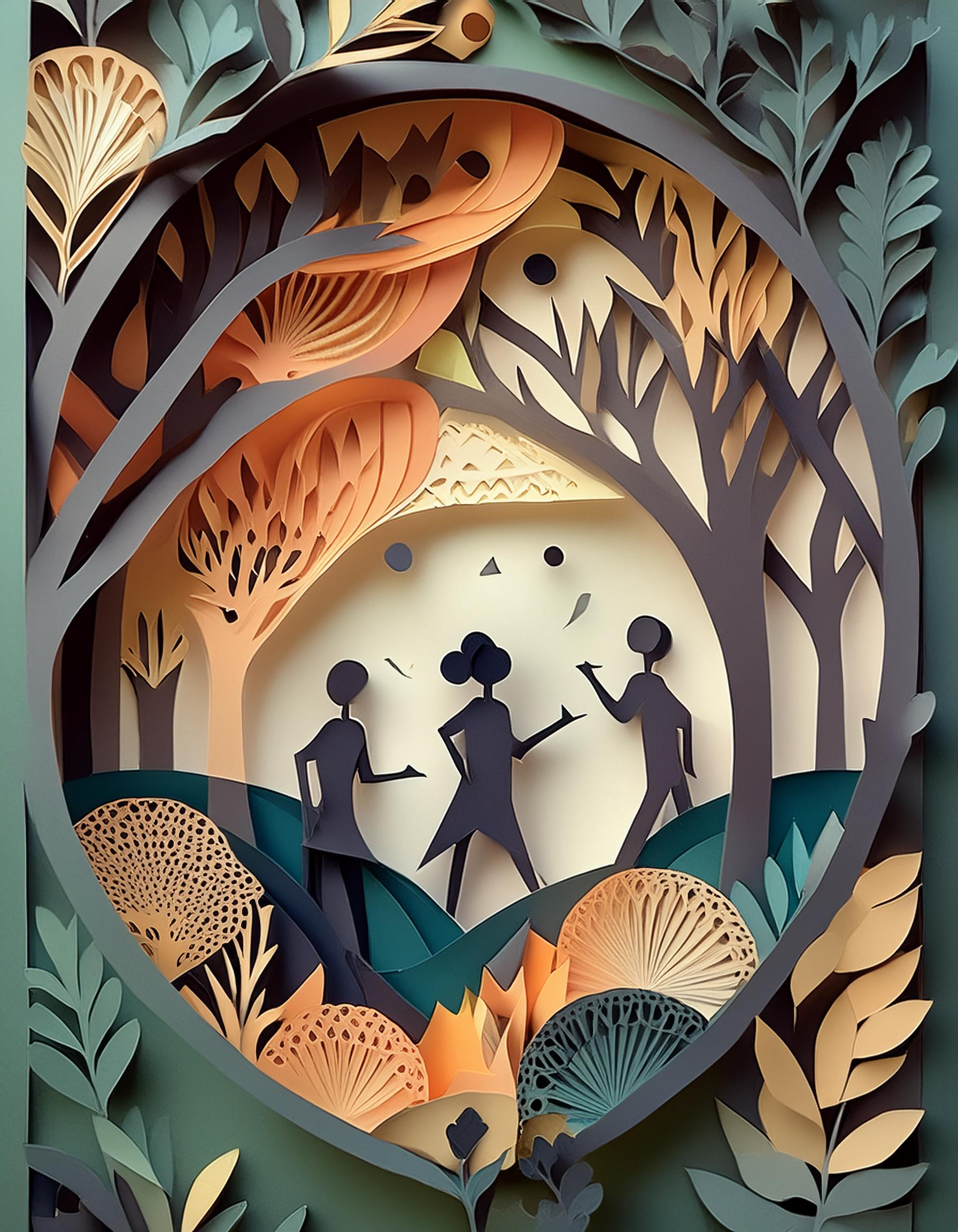 Diese Illustration zeigt eine lebendige Szene in einem Wald, dargestellt in einem kunstvollen Papierstil. Drei stilisierte Figuren stehen im Mittelpunkt des Bildes, scheinbar in Interaktion miteinander, was der Szene eine erzählerische Dimension verleiht. Die Figuren sind schlicht gehalten, ohne detaillierte Gesichtszüge, wodurch der Fokus auf ihre Gestik und Körperhaltung gelegt wird. Sie stehen auf einem sanften Hügel, umgeben von üppiger Vegetation, die in verschiedenen Schichten und Farben kunstvoll arrangiert ist. Die Farbpalette besteht hauptsächlich aus beruhigenden Grün-, Blau- und Orangetönen, die eine harmonische und natürliche Atmosphäre schaffen. Die Bäume und Pflanzen sind detailliert und in mehreren Schichten gestaltet, was dem Bild eine dreidimensionale Tiefe verleiht. Im Hintergrund ist eine große, helle Scheibe zu sehen, die an die Sonne oder den Mond erinnert und die Szene zusätzlich beleuchtet. Diese Illustration kombiniert kunstvolle Gestaltung mit erzählerischen Elementen, wodurch sie sowohl ästhetisch ansprechend als auch emotional anregend ist.