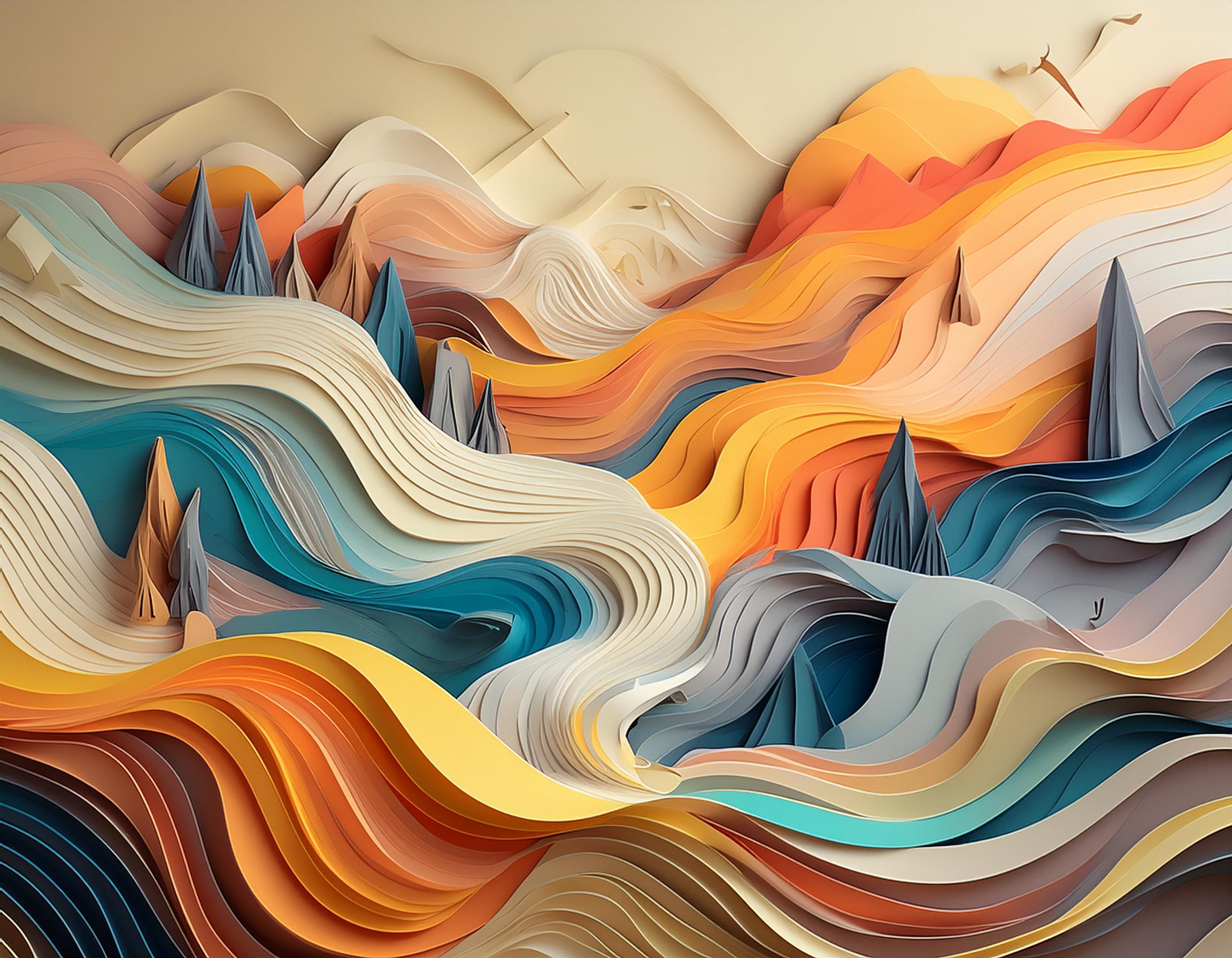 Diese Illustration präsentiert eine dynamische Landschaft, die vollständig im Stil kunstvoll geschichteter Papierkunst gestaltet ist. Wellenartige Strukturen in sanften Farben wie Creme, Blau, Orange und Gelb dominieren das Bild und erzeugen einen fließenden, kinetischen Eindruck. Die wellenförmigen Linien verleihen der Szene eine beeindruckende Bewegung und Tiefe, als ob die Landschaft selbst in Bewegung wäre. Zwischen den Wellen ragen vereinzelte, spitze Formen empor, die an Berggipfel oder abstrakte Bäume erinnern. Diese Elemente setzen Akzente in der Landschaft und schaffen visuelle Ankerpunkte. Im Hintergrund sind Vögel und leicht geschwungene Hügel zu erkennen, die den Horizont sanft definieren und der Komposition eine zusätzliche Dimension verleihen. Die Farbharmonie der Illustration ist beruhigend und gleichzeitig lebendig, wobei warme Farbtöne wie Orange und Gelb die kühleren Töne von Blau und Grau ergänzen. Diese Farbpalette erzeugt ein Gefühl von Wärme und Tiefe und zieht den Betrachter in eine träumerische, fast surreale Welt hinein. Durch die geschickte Anordnung der Papierschichten entsteht eine bemerkenswerte dreidimensionale Wirkung, die dem Bild eine tiefe Textur und Lebendigkeit verleiht. Diese Illustration ist ein eindrucksvolles Beispiel für die Kunstfertigkeit und das kreative Potenzial von Papierkunst, die sowohl ästhetisch ansprechend als auch emotional bewegend ist.