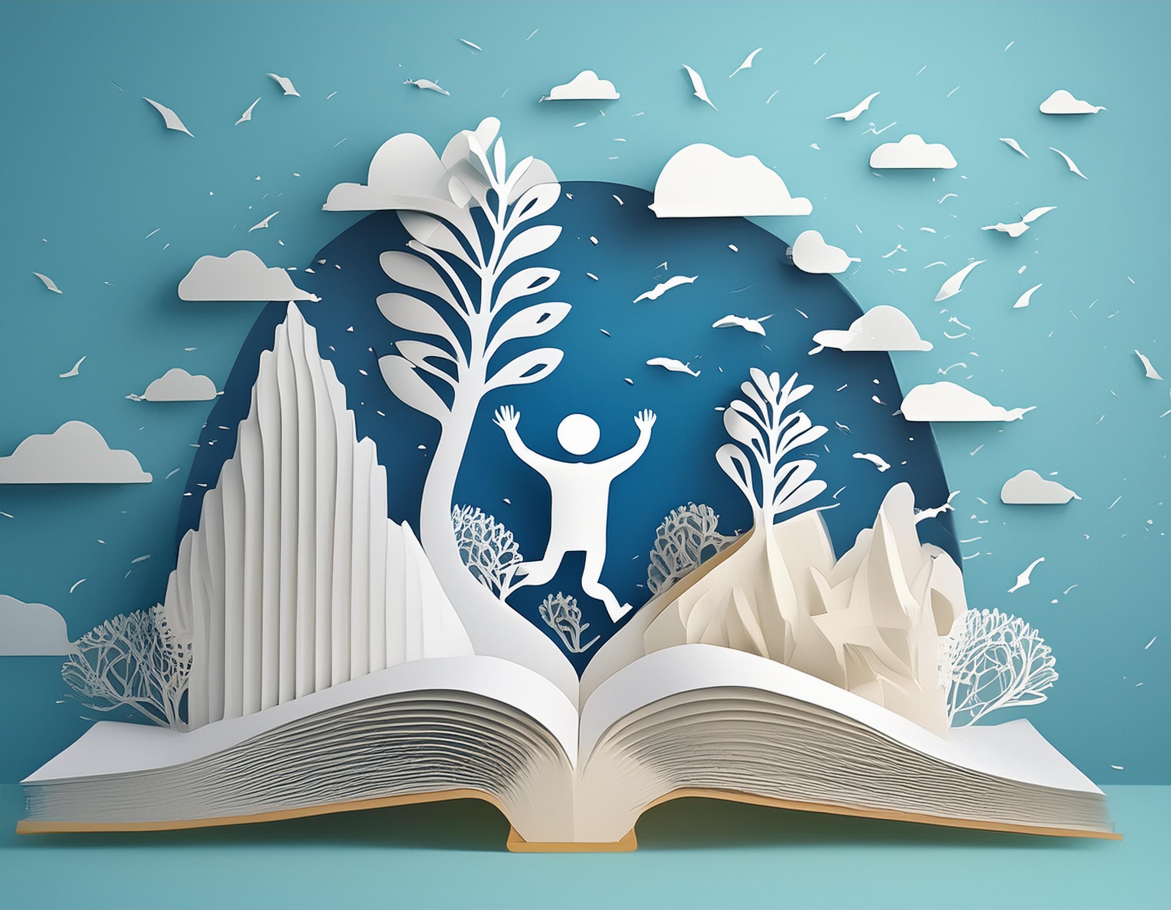 Diese Illustration zeigt eine magische Szene, die das Thema des Lesens und der Fantasie auf wunderbare Weise einfängt. Im Zentrum des Bildes steht ein offenes Buch, aus dem kunstvoll geschnittene Papierelemente hervortreten und eine lebendige Landschaft formen. Ein Baum mit ausladenden Ästen, eine stilisierte Person mit erhobenen Armen und verschiedene Pflanzen- und Wolkenformen erzeugen eine dreidimensionale Komposition, die das Bild zum Leben erweckt. Die Farbgebung ist überwiegend in sanften Blau- und Weißtönen gehalten, was eine beruhigende und zugleich inspirierende Atmosphäre schafft. Der Hintergrund ist in einem tiefen Blau gestaltet, das den Nachthimmel darstellt und von fliegenden Vögeln und verstreuten Wolken durchzogen ist. Diese Elemente verleihen der Szene eine träumerische und grenzenlose Dimension, die das Gefühl der Freiheit und der grenzenlosen Möglichkeiten beim Lesen symbolisiert. Die stilisierte Person im Bild scheint vor Freude zu springen, was den Eindruck vermittelt, dass sie von den Geschichten und Abenteuern, die das Buch bietet, überwältigt ist. Die sorgfältig geschnittenen und angeordneten Papierelemente schaffen eine beeindruckende Tiefe und Textur, die die künstlerische Raffinesse der Illustration betonen. Diese Illustration fängt die Essenz des Lesens als Tor zu neuen Welten und Abenteuern ein. Sie lädt den Betrachter ein, in die unendlichen Möglichkeiten der Fantasie einzutauchen und erinnert daran, wie kraftvoll und inspirierend Bücher sein können.