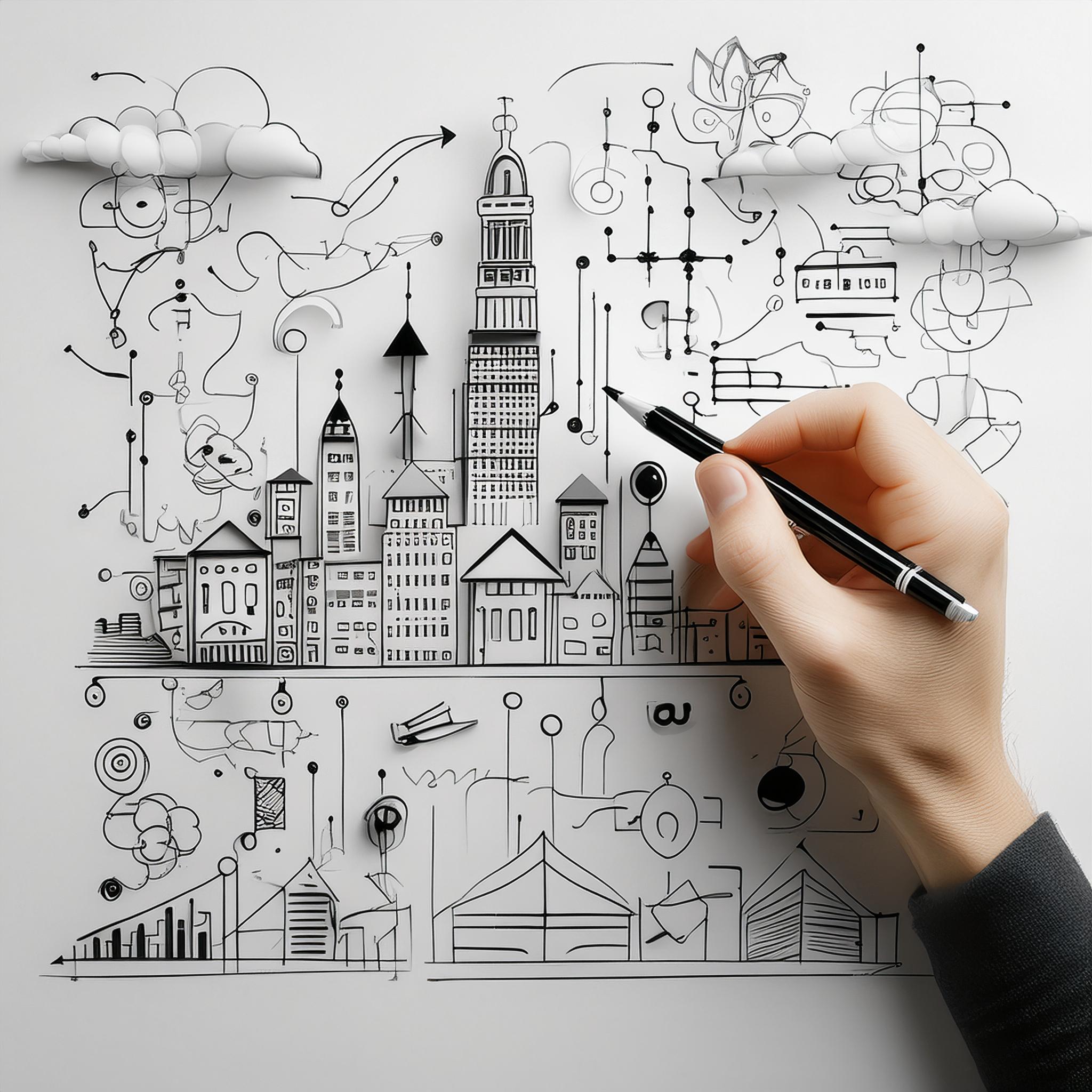 Diese Illustration zeigt eine kreative und dynamische Szene, in der eine Hand mit einem Stift eine komplexe Stadtlandschaft auf einem weißen Hintergrund zeichnet. Die Stadt ist aus feinen, schwarzen Linien konstruiert und zeigt verschiedene Gebäude, darunter Wolkenkratzer, traditionelle Häuser und moderne Strukturen. Die Szene vermittelt den Eindruck eines architektonischen Entwurfs oder einer städtebaulichen Skizze. Um die gezeichneten Gebäude herum befinden sich zahlreiche Symbole und Diagramme, die eine Mischung aus technischen und abstrakten Elementen darstellen. Pfeile, Wolken, technische Zeichnungen und Schaltpläne verleihen der Illustration eine multidimensionale Ebene und deuten auf einen kreativen Prozess hin, der sowohl künstlerische als auch technische Aspekte umfasst. Die Hand, die den Stift hält, scheint mitten im Schaffensprozess zu sein, was auf die kontinuierliche Entwicklung und den dynamischen Charakter der Illustration hinweist. Die Verwendung von nur zwei Farben – Schwarz und Weiß – betont die Klarheit und Präzision der Linien und lenkt den Fokus auf die Details der Zeichnung. Diese Illustration fängt den kreativen und intellektuellen Prozess des Entwerfens und Planens ein und kombiniert dabei künstlerische Inspiration mit technischer Präzision. Sie vermittelt das Gefühl, dass Ideen und Konzepte in greifbare Formen umgesetzt werden, und inspiriert den Betrachter, den Prozess der kreativen Schöpfung zu schätzen.