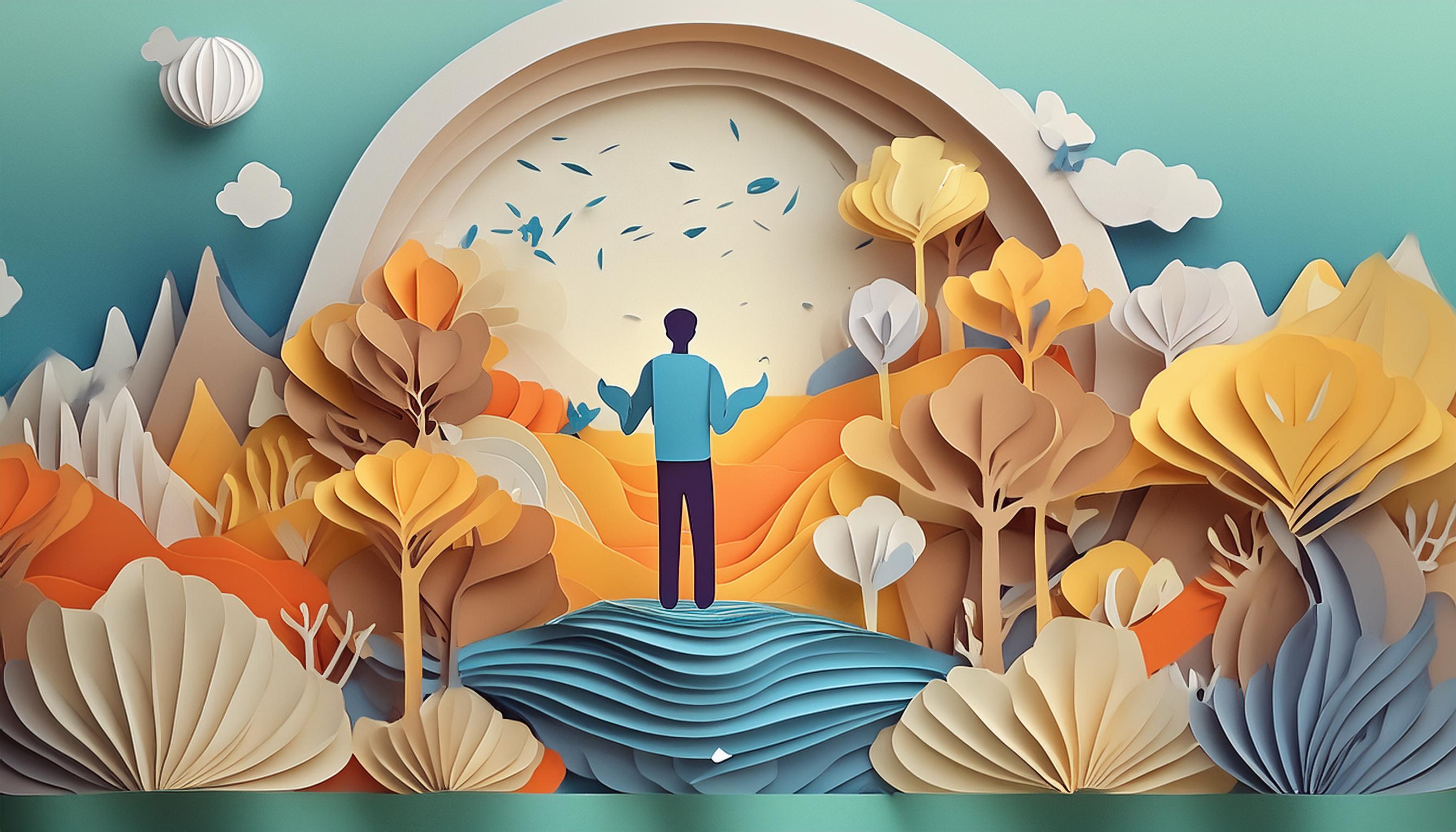 Diese Illustration zeigt eine beeindruckende, dreidimensionale Szenerie, die vollständig im Stil kunstvoll geschichteter Papierkunst gestaltet ist. Im Mittelpunkt steht eine stilisierte Figur, die auf einer Anhöhe steht und mit offenen Armen die umgebende Natur betrachtet. Diese Figur scheint in eine wunderschöne, lebendige Landschaft eingetaucht zu sein, die aus verschiedenen Papierschichten besteht, die in sanften, harmonischen Farben wie Blau, Orange, Gelb und Braun gehalten sind. Die Szene ist reich an Details und umfasst Bäume mit üppigen Kronen, Berge im Hintergrund und Wolken, die sanft am Himmel schweben. Die sorgfältig geschichteten Papierformen schaffen eine bemerkenswerte Tiefe und Textur, die dem Bild eine dreidimensionale Wirkung verleihen. Die Farbpalette erzeugt ein Gefühl von Wärme und Lebendigkeit, während die Anordnung der Elemente ein harmonisches und ausgewogenes Bild schafft. Im Hintergrund ist ein großer, heller Bogen zu sehen, der wie ein Tor oder ein Regenbogen wirkt und die Szene zusätzlich beleuchtet. Vögel fliegen im Himmel, was dem Bild Dynamik und Bewegung verleiht. Die gesamte Komposition vermittelt ein Gefühl von Frieden, Freiheit und Verbundenheit mit der Natur. Diese Illustration fängt die Schönheit und Komplexität der Natur ein, während sie gleichzeitig die kunstvolle Handwerkskunst und Kreativität des Künstlers betont. Sie lädt den Betrachter ein, in eine traumhafte und inspirierende Welt einzutauchen, in der die Natur in all ihren Facetten gefeiert wird.