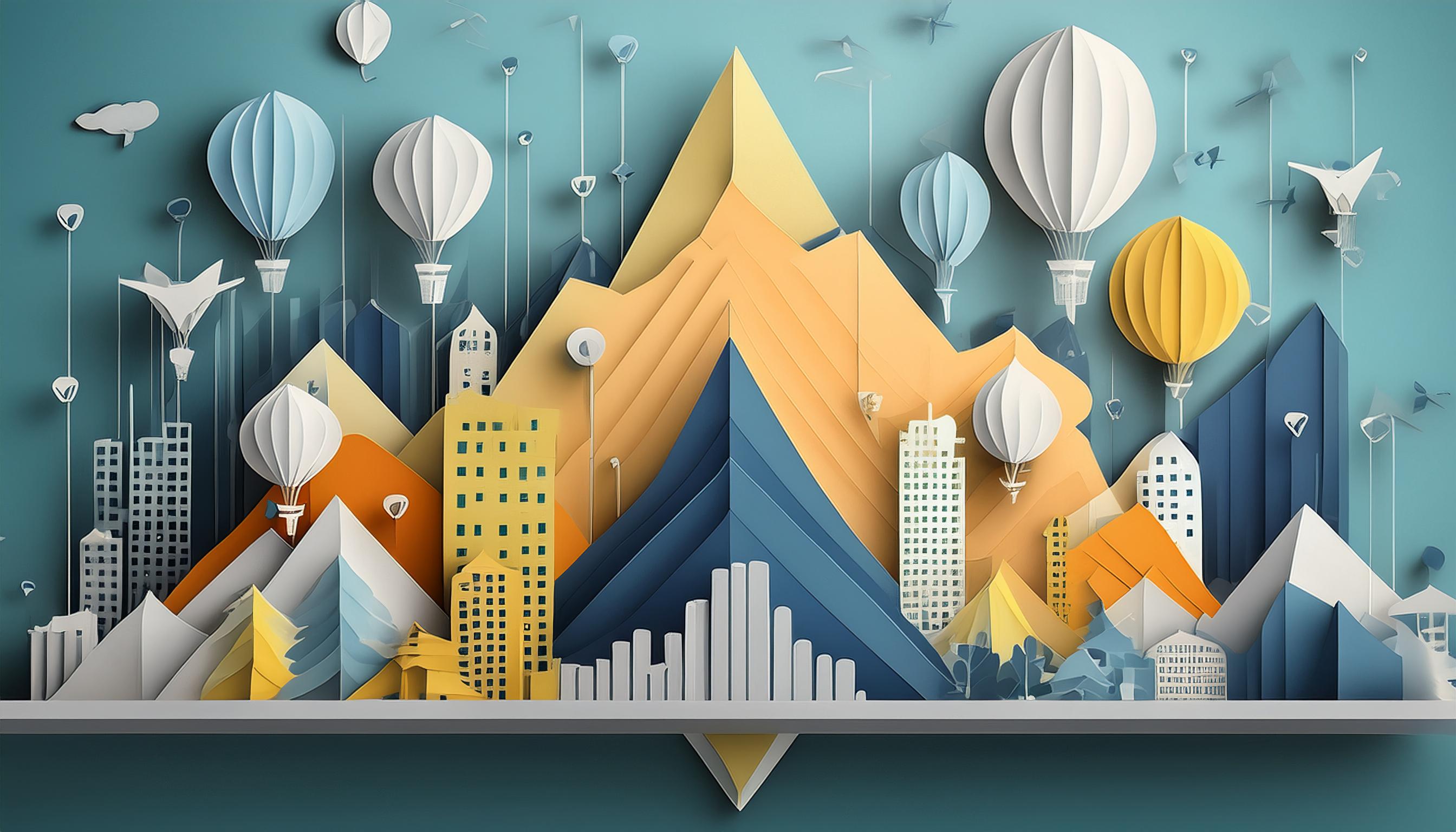 Diese Illustration zeigt eine faszinierende Stadtlandschaft, die vollständig aus Papierkunst gefertigt ist. Im Vordergrund erheben sich Gebäude und Berge in verschiedenen Farben und Formen, was eine dynamische und lebendige Szene erzeugt. Die Farbpalette umfasst hauptsächlich sanfte Blau-, Gelb- und Orangetöne, die eine harmonische und warme Atmosphäre schaffen. Über der Stadt schweben zahlreiche Heißluftballons und andere Flugobjekte, die in derselben detaillierten Papierkunsttechnik gestaltet sind. Diese Ballons verleihen der Illustration eine spielerische und traumhafte Dimension, als ob die Stadt von einem lebendigen Himmel umgeben wäre. Die Kombination aus geometrischen Formen und organischen Linien schafft ein interessantes visuelles Gleichgewicht und zieht den Betrachter in eine fantasievolle Welt. Die Gebäude sind in unterschiedlichen architektonischen Stilen gehalten, von modernen Hochhäusern bis hin zu traditionelleren Strukturen. Diese Vielfalt spiegelt die Dynamik und den ständigen Wandel einer urbanen Umgebung wider. Die Heißluftballons und Vögel, die den Himmel bevölkern, symbolisieren Freiheit und die Möglichkeit, über den Horizont hinauszuschauen. Die Illustration vereint kunstvolle Gestaltung und kreative Imagination, indem sie eine gewöhnliche Stadtlandschaft in ein kunstvolles und inspirierendes Werk verwandelt. Sie lädt den Betrachter ein, in eine Welt einzutauchen, in der die Grenzen zwischen Realität und Fantasie verschwimmen und in der die Schönheit der einfachen Dinge durch künstlerische Raffinesse hervorgehoben wird.