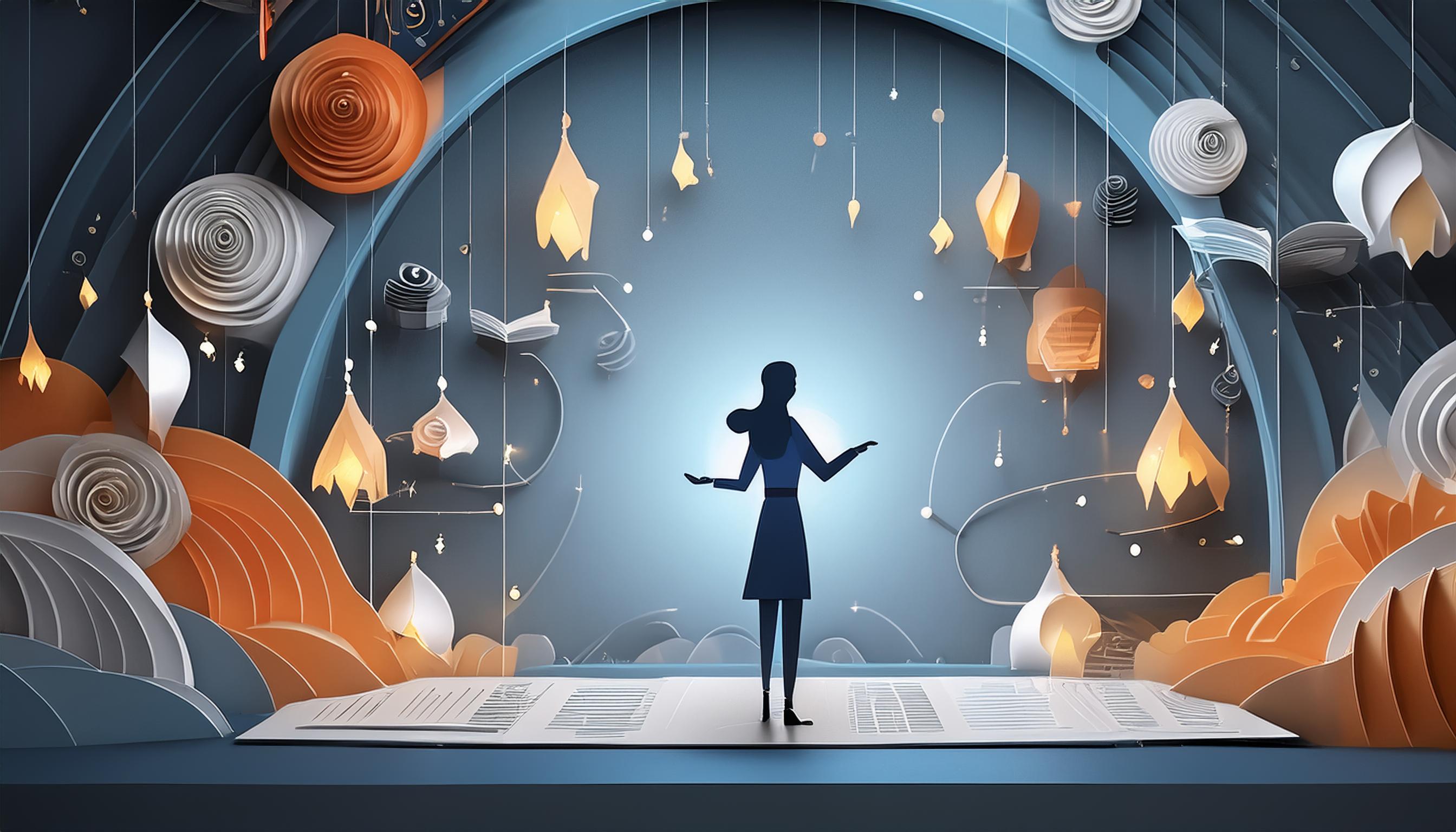 Diese Illustration zeigt eine inspirierende Szene, die die Vermittlung von Wissen und die Magie des Lernens darstellt. Im Zentrum des Bildes steht eine stilisierte Figur, die auf einer offenen Buchseite steht und mit ausgebreiteten Armen in die umgebende Szenerie integriert ist. Diese Szenerie ist in einem kunstvollen Papierstil gestaltet und besteht aus verschiedenen geschichteten Elementen in Blau-, Orange- und Grautönen, die eine beeindruckende dreidimensionale Tiefe erzeugen. Der Hintergrund der Szene ist von einem großen, leuchtenden Kreis dominiert, der wie eine Lichtquelle wirkt und die Figur sowie die umgebenden Elemente beleuchtet. Von der Decke hängen zahlreiche abstrakte Objekte, darunter geöffnete Bücher, Blütenformen und leuchtende Ornamente, die an Glühbirnen erinnern. Diese hängenden Elemente symbolisieren Ideen, Wissen und Kreativität, die vom Experten vermittelt werden. Die Farbpalette ist sorgfältig ausgewählt, um eine harmonische und beruhigende Atmosphäre zu schaffen. Die warmen Orangetöne kontrastieren angenehm mit den kühlen Blautönen und verleihen der Szene eine einladende und zugleich geheimnisvolle Stimmung. Die feinen Details und die geschickte Anordnung der Papierschichten verleihen der Illustration eine bemerkenswerte Textur und Lebendigkeit. Diese Illustration fängt die Essenz des Wissensaustauschs ein und betont die Rolle des Experten als Lichtbringer und Inspirator. Sie erinnert daran, wie kraftvoll und transformativ das Teilen von Wissen sein kann und lädt den Betrachter ein, die Schönheit und Tiefe des Lernens zu schätzen.