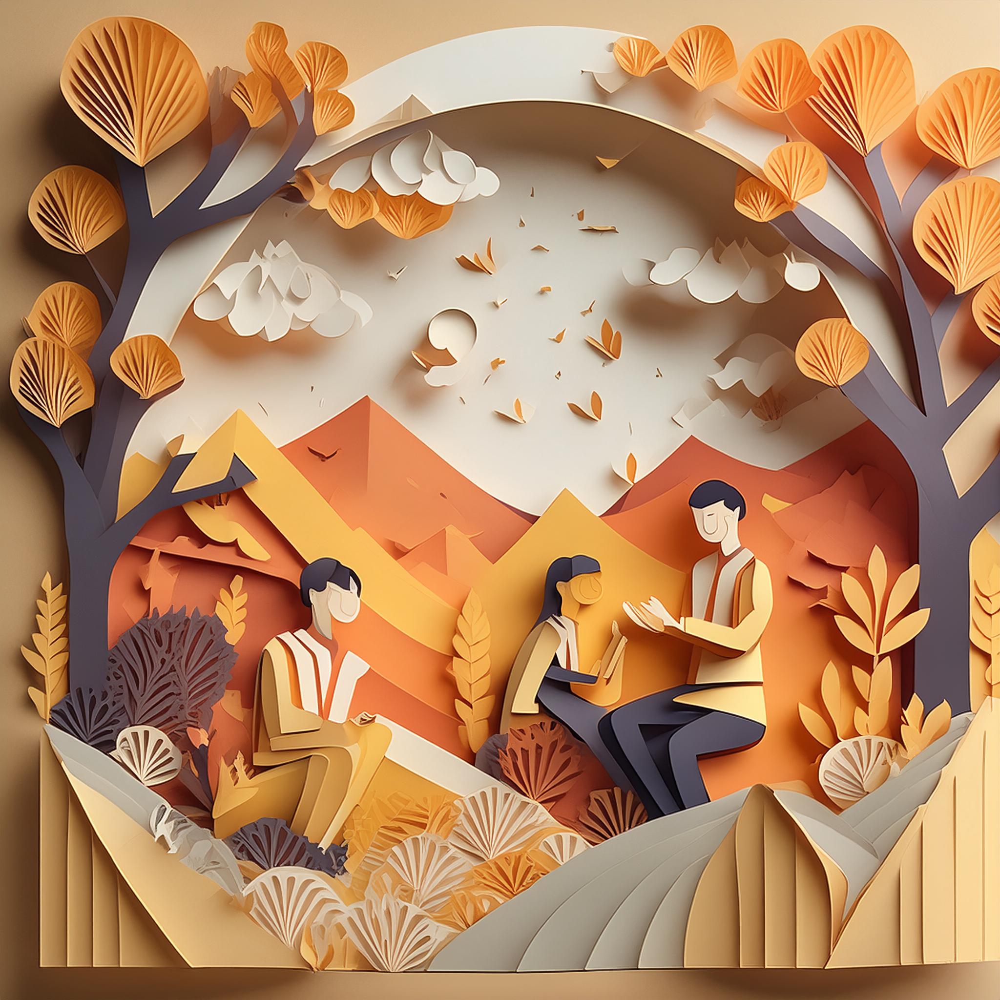 Diese Illustration zeigt eine warme, einladende Szene, die im Stil kunstvoller Papierkunst gestaltet ist. Drei sympathische Charaktere sind im Vordergrund zu sehen, in einer idyllischen Landschaft sitzend, die in sanften Orange-, Gelb- und Brauntönen gehalten ist. Die Figuren wirken freundlich und entspannt, als ob sie in einem tiefen Gespräch vertieft oder einer Geschichte lauschend sind. Die Szene ist reich an Details und zeigt Bäume mit üppigen, fächerförmigen Blättern, die die Figuren umrahmen. Im Hintergrund erheben sich sanfte Hügel und Berge, die der Komposition Tiefe verleihen. Der Himmel ist mit stilisierten Wolken und herabfallenden Blättern geschmückt, was eine dynamische und lebendige Atmosphäre schafft. Die Farben der Illustration sind harmonisch aufeinander abgestimmt und erzeugen eine warme, beruhigende Stimmung. Die Charaktere sind in einem einfachen, aber ausdrucksstarken Stil gezeichnet, was ihre Sympathie und Zugänglichkeit unterstreicht. Ihre Gestik und Mimik vermitteln Offenheit und Freundlichkeit, was sie als ideale Botschafter für ihre jeweilige Botschaft darstellt. Diese Illustration fängt die Essenz von Gemeinschaft und Austausch ein. Sie lädt den Betrachter ein, die Wärme und Freundlichkeit der dargestellten Charaktere zu spüren und die Schönheit der einfachen, menschlichen Interaktion zu schätzen. Die kunstvolle Gestaltung und die liebevollen Details machen diese Szene zu einem ansprechenden visuellen Erlebnis.