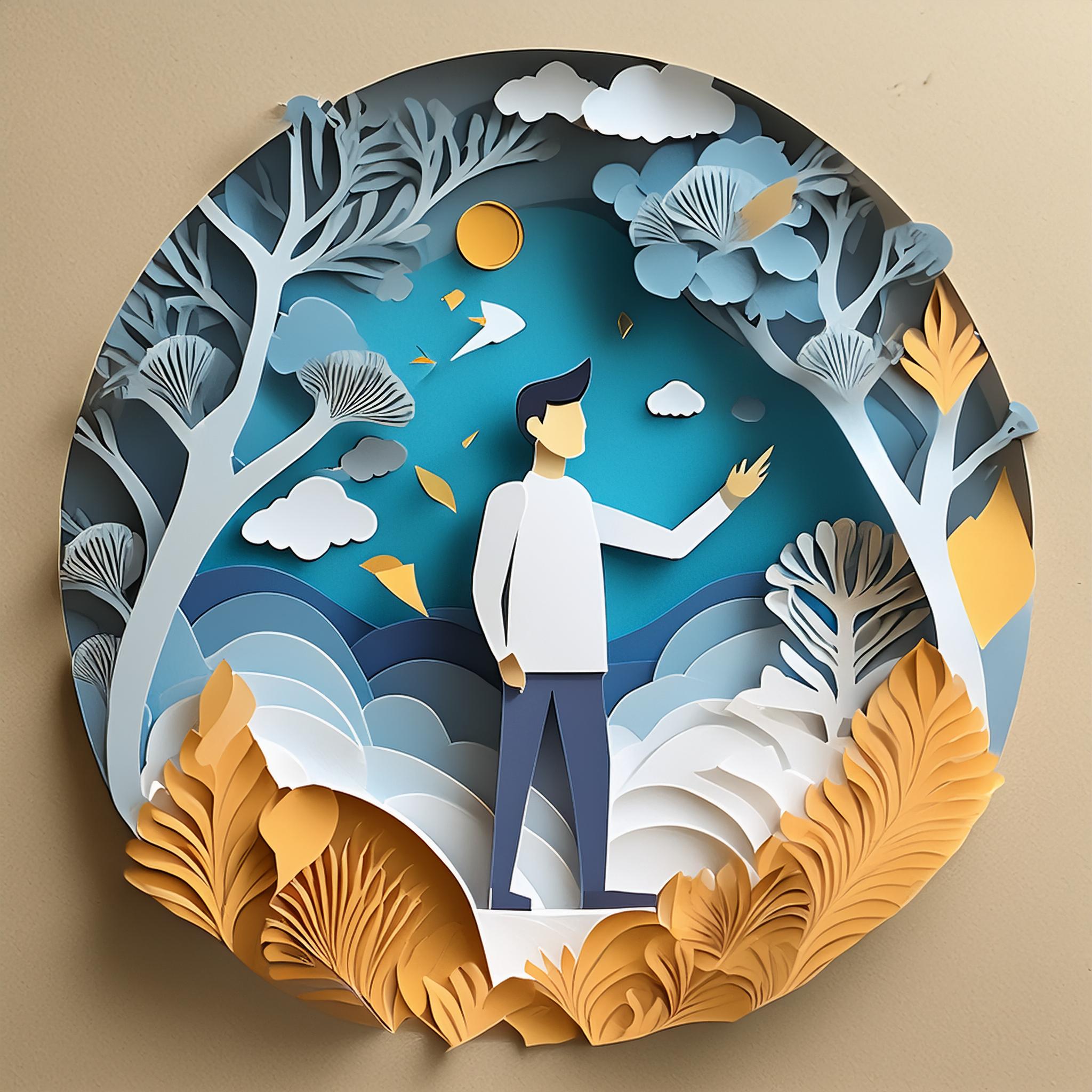 Diese Illustration zeigt eine einladende Szene, die den Betrachter als aktiven Teilnehmer in einer interaktiven Welt darstellt. Im Mittelpunkt steht eine stilisierte Figur, die mitten in einer farbenfrohen, detailreichen Landschaft steht und mit ihrer Umgebung zu interagieren scheint. Die Figur, in schlichten Blautönen gekleidet, hebt eine Hand, als ob sie etwas Greifbares in der Luft vor sich berührt oder erkundet. Die Landschaft um die Figur herum ist in einem kunstvollen Papierstil gestaltet, wobei verschiedene Schichten und Farben verwendet werden, um Tiefe und Struktur zu erzeugen. Die Bäume links und rechts des Bildes haben detailreich gestaltete Blätter und Äste, die ein Baldachin über der Figur bilden. Die Farben variieren von kühlen Blautönen im Hintergrund bis zu warmen Gelb- und Orangetönen im Vordergrund, was ein harmonisches und dennoch lebendiges Bild ergibt. Der Himmel im Hintergrund ist in einem strahlenden Blau gehalten und mit stilisierten Wolken und einem gelben Sonnenkreis versehen. Herabfallende Blätter und Vögel, die durch die Luft fliegen, verstärken das Gefühl von Bewegung und Lebendigkeit in der Szene. Die Illustration vermittelt ein Gefühl von Entdeckung und Abenteuer, indem sie den Betrachter dazu einlädt, sich selbst als Teil dieser fantastischen Welt zu sehen. Die kunstvolle Gestaltung und die warmen Farben schaffen eine Atmosphäre von Freude und Neugier, die den Betrachter in eine interaktive und dynamische Umgebung zieht. Diese Szene betont die aktive Teilnahme und die Möglichkeit, neue Welten und Erfahrungen zu erkunden.