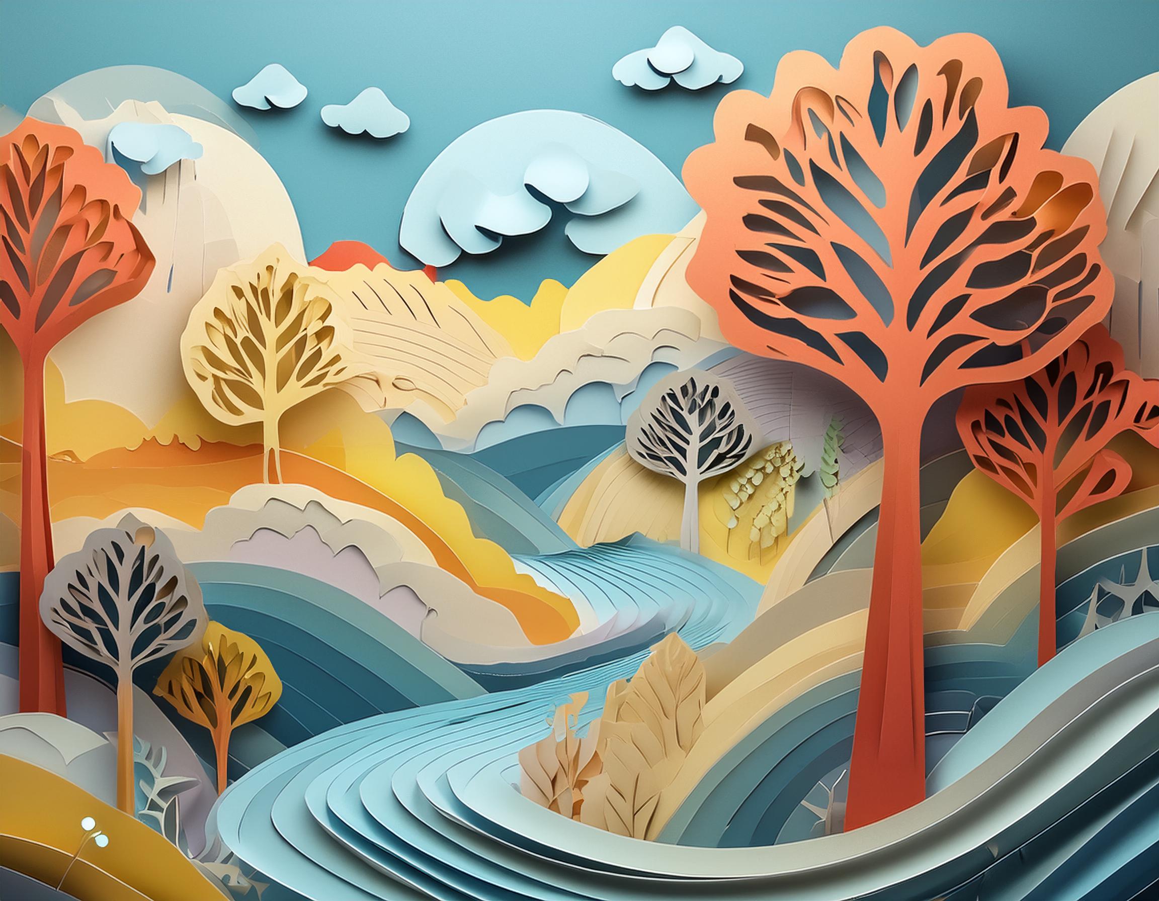 Diese Illustration zeigt eine harmonische Verschmelzung von Landschaftselementen, die in einem kunstvollen Papierstil gestaltet sind. Eine malerische Flusslandschaft fließt durch das Bild und schlängelt sich sanft durch Hügel und Täler, die in sanften Blau-, Gelb- und Orangetönen gehalten sind. Die Bäume, die die Szene säumen, haben kunstvoll ausgeschnittene Blätter und Äste, die an die Ästhetik von Scherenschnitten erinnern. Die Farbpalette ist warm und einladend, mit leuchtenden Orangetönen, die sich mit beruhigenden Blautönen abwechseln und eine harmonische Komposition schaffen. Die Wolken am Himmel sind ebenfalls in Schichten gestaltet, was dem Bild eine beeindruckende dreidimensionale Tiefe verleiht. Der Himmel ist in einem klaren Blau gehalten und vermittelt ein Gefühl von Weite und Offenheit. Die Details in der Landschaft, wie die verschiedenen Schichten der Hügel und die feinen Ausarbeitungen der Bäume, tragen zu einer lebendigen und dynamischen Szene bei. Die stilisierten Formen und die geschichteten Elemente erzeugen eine visuelle Tiefe, die den Betrachter in die Szene hineinzieht. Diese Illustration ist ein perfektes Beispiel für die Verschmelzung von Kunst und Natur. Sie kombiniert die technischen Fähigkeiten der Papierkunst mit der natürlichen Schönheit einer Landschaft und schafft so ein Bild, das sowohl ästhetisch ansprechend als auch emotional fesselnd ist. Die Szene lädt den Betrachter ein, die Ruhe und Schönheit der Natur zu genießen, während sie gleichzeitig die kunstvolle Handwerkskunst und Kreativität des Künstlers feiert.