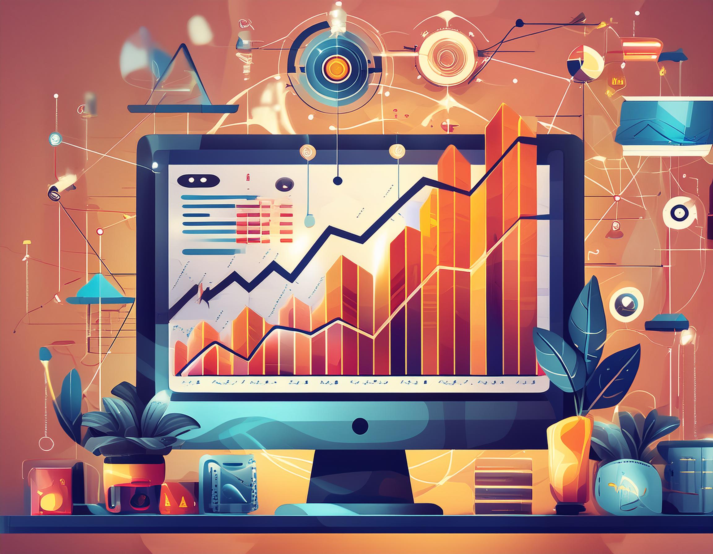 Ein Computerbildschirm mit einer ansteigenden Conversion-Rate-Grafik und verschiedenen symbolischen Darstellungen von Zielen und Erfolgen deutet auf die Optimierung von Conversion-Strategien hin.