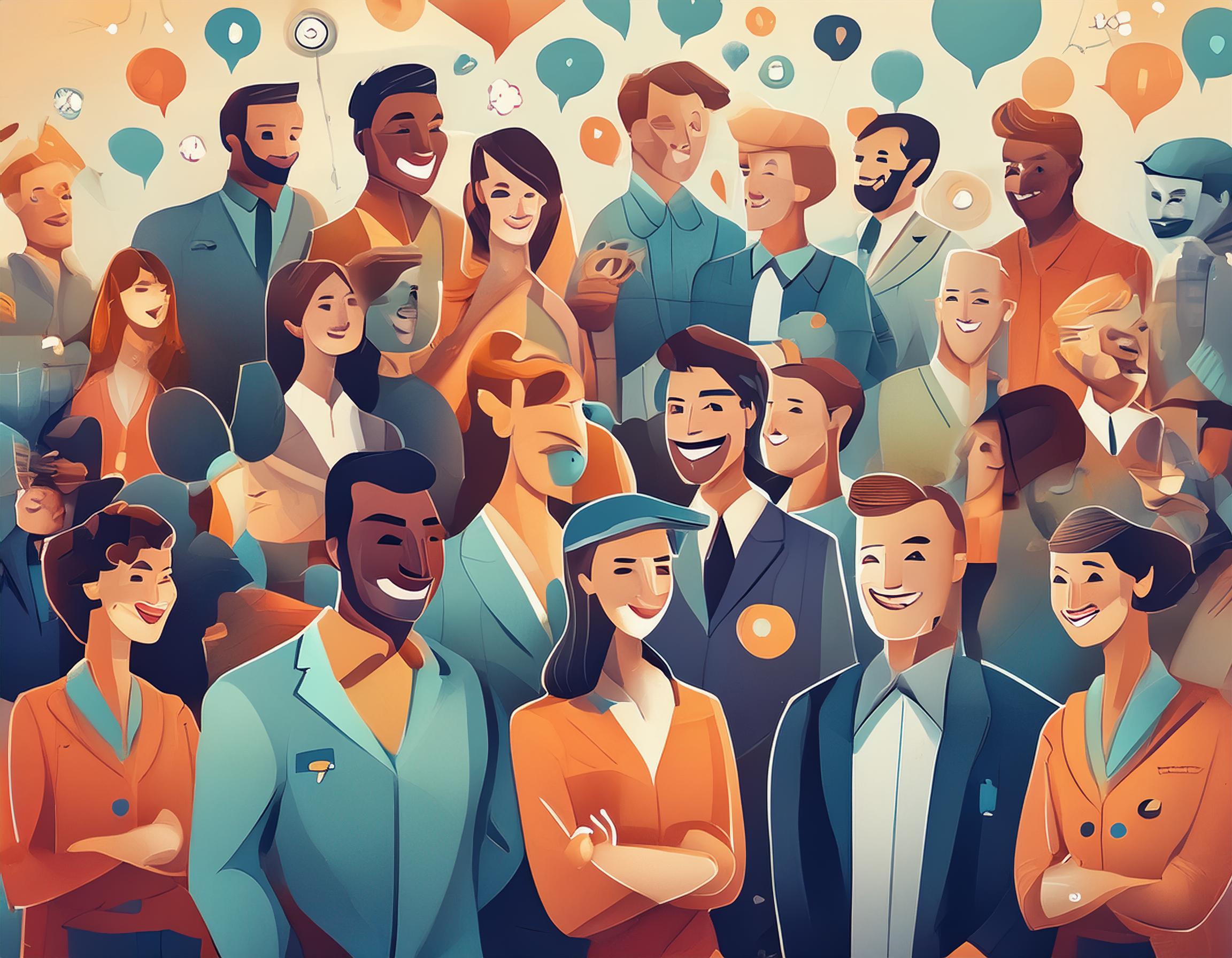 Eine große Gruppe von Menschen, die glücklich miteinander interagieren, stellt eine verbesserte Kundenbindung und ein positives Engagement dar.