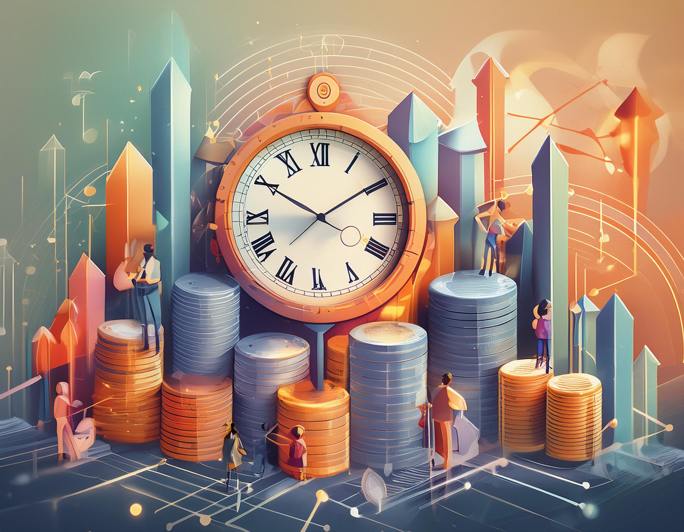 Eine Uhr inmitten von aufgestapelten Münzen und steigenden Grafiken symbolisiert die Optimierung von Zeit- und Kosteneffizienz in betrieblichen Abläufen und Strategien.