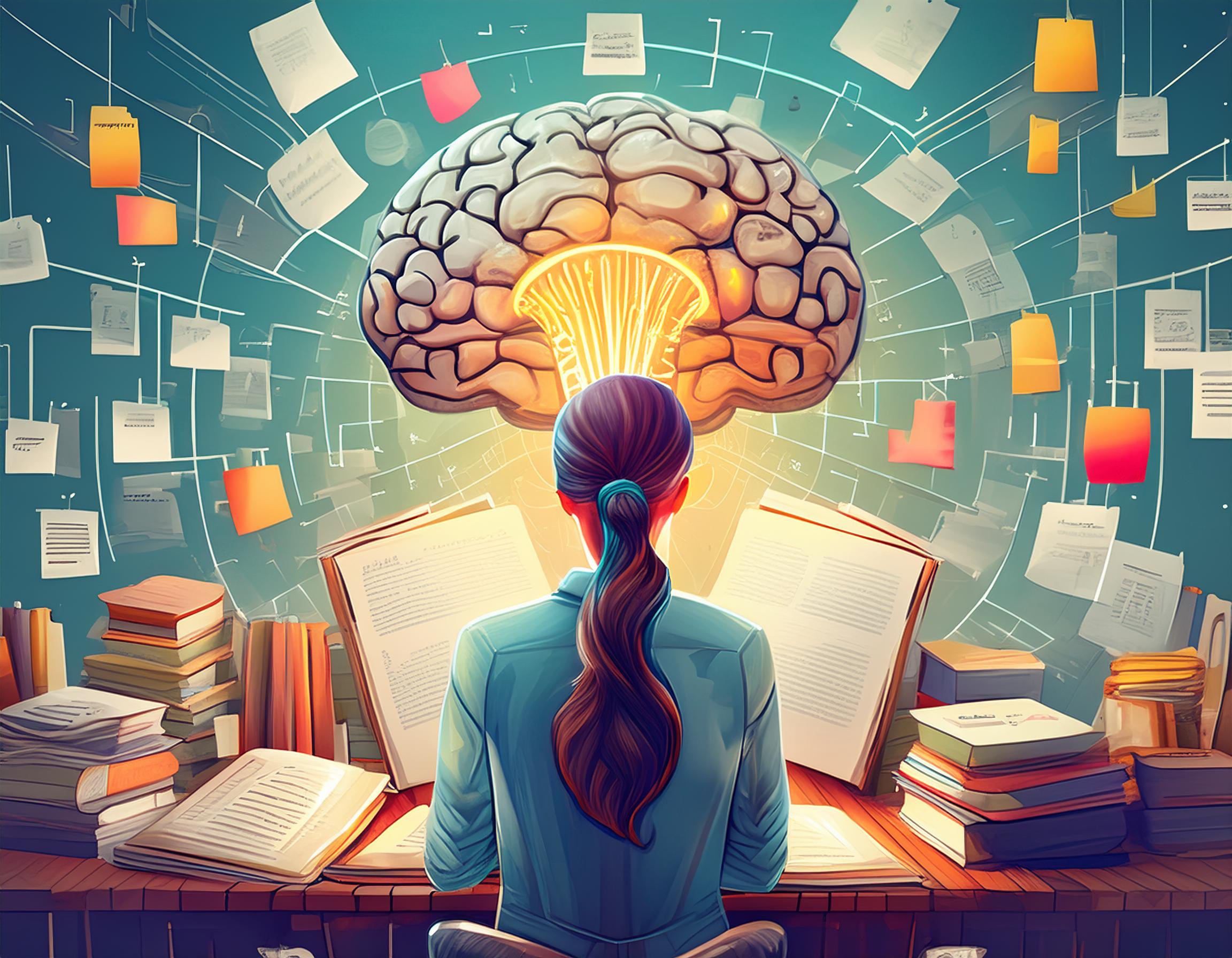 Eine Person sitzt vor einem Tisch mit vielen Büchern und Unterlagen, während ihr Gehirn beleuchtet und vernetzt dargestellt wird. Dies symbolisiert die Verbesserung der Lern- und Erinnerungsfähigkeit durch strukturierte Informationen.