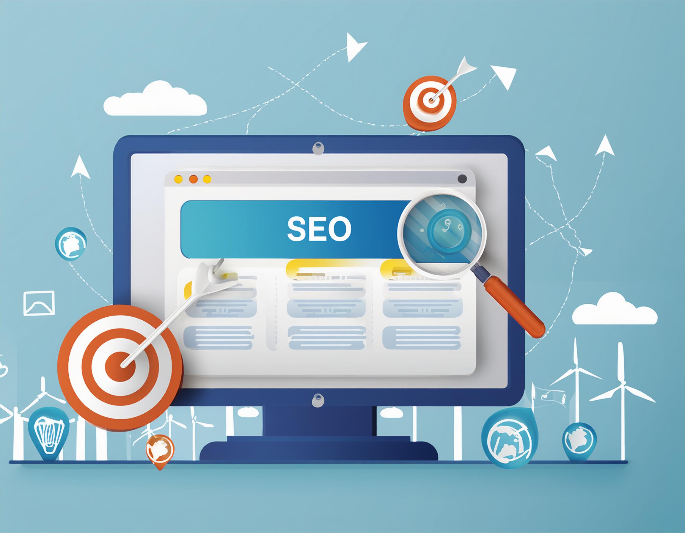 Ein Monitor zeigt eine Suchmaschinenoptimierungsseite (SEO), umgeben von Zielscheiben und Vergrößerungsgläsern, die auf die Verbesserung der Sichtbarkeit und des Rankings in Suchmaschinen hinweisen.