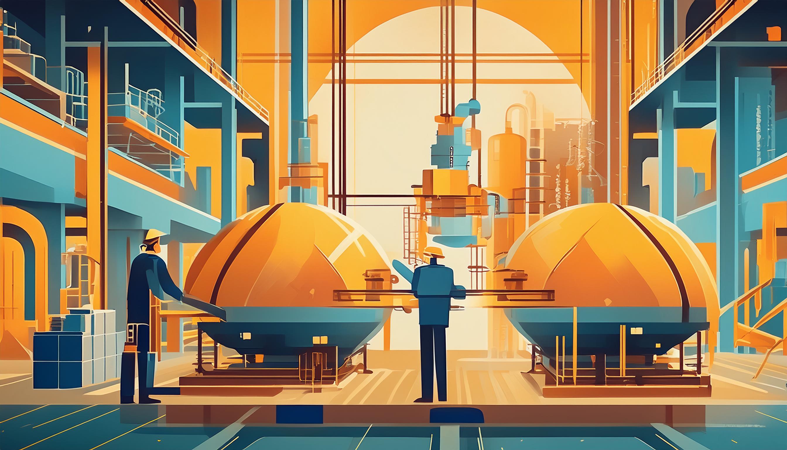 Arbeiter in einer Fabrikhalle mit großen Maschinen, die Produktionsprozesse und deren Unterschiede veranschaulichen.