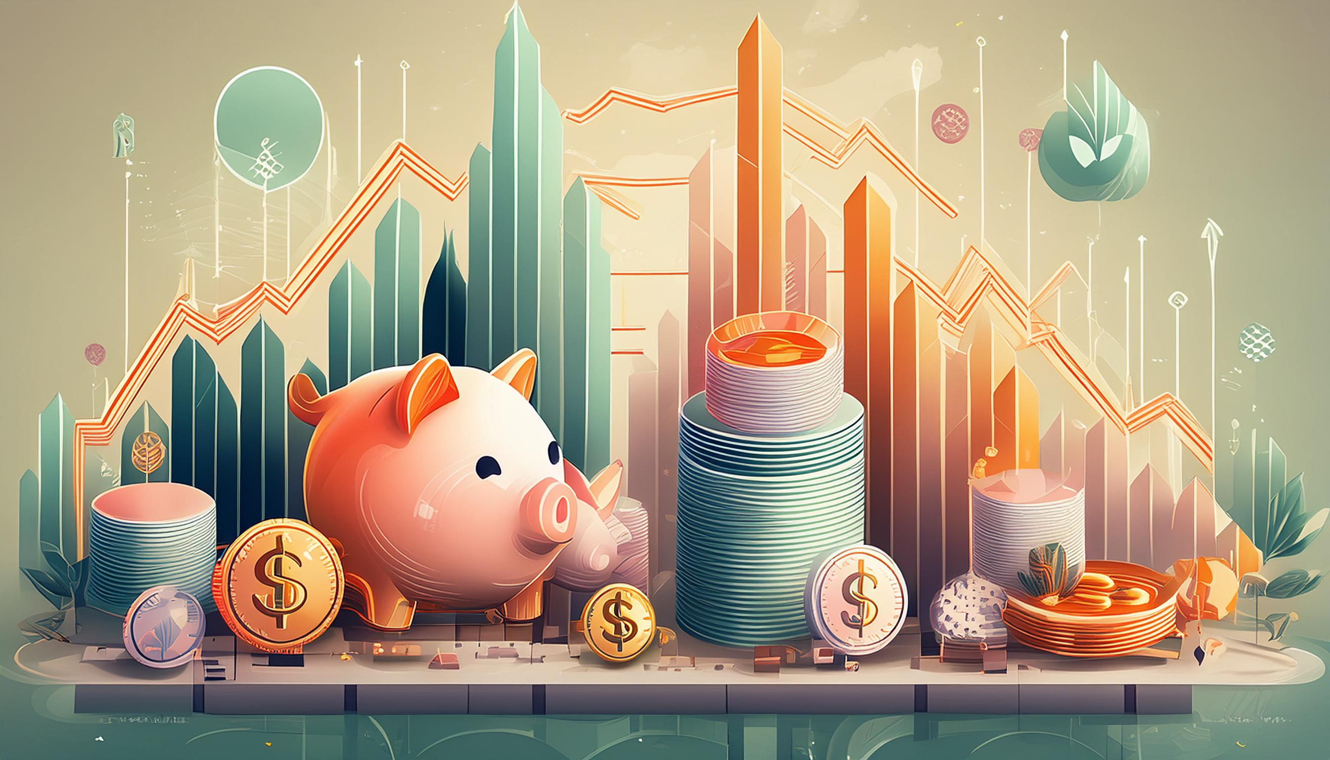 Ein Sparschwein neben Stapeln von Münzen und Diagrammen, die Kosteneffizienz und finanzielle Analysen symbolisieren.