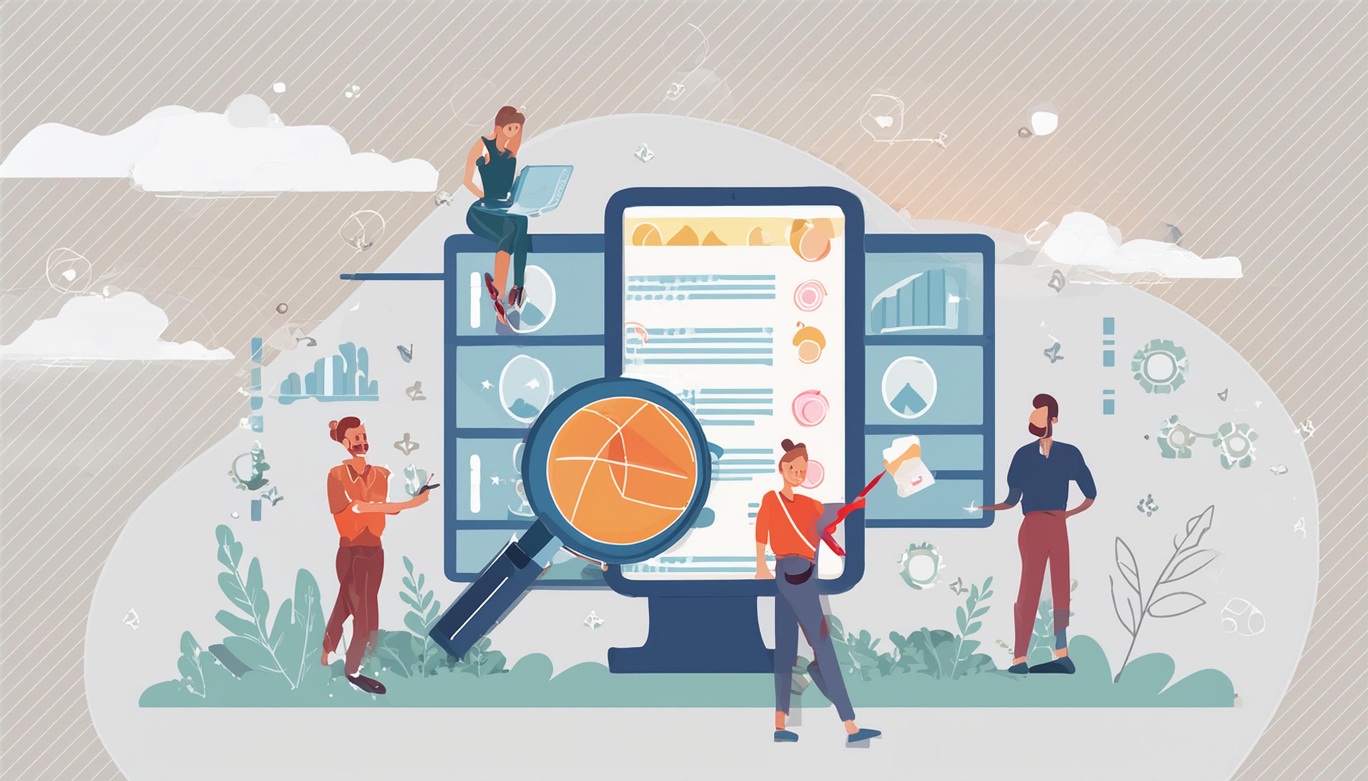 Eine Gruppe von Personen analysiert Daten auf einem großen Bildschirm, umgeben von Diagrammen und Symbolen, die eine detaillierte Zielgruppenanalyse darstellen.