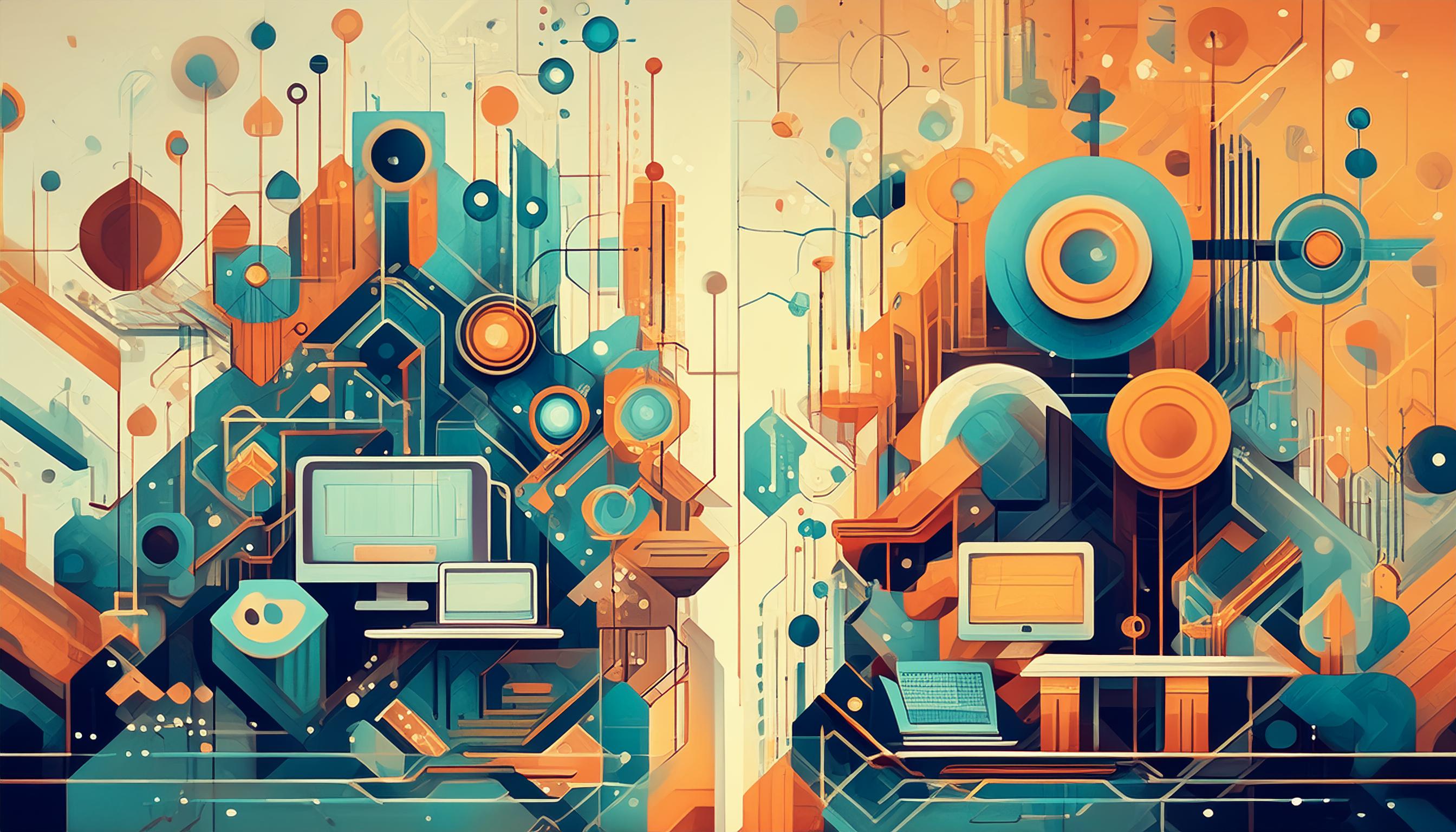 Abstrakte Darstellung von Computern und Netzwerken, die technologische Unterschiede und Entwicklungen in der Technologie symbolisieren.