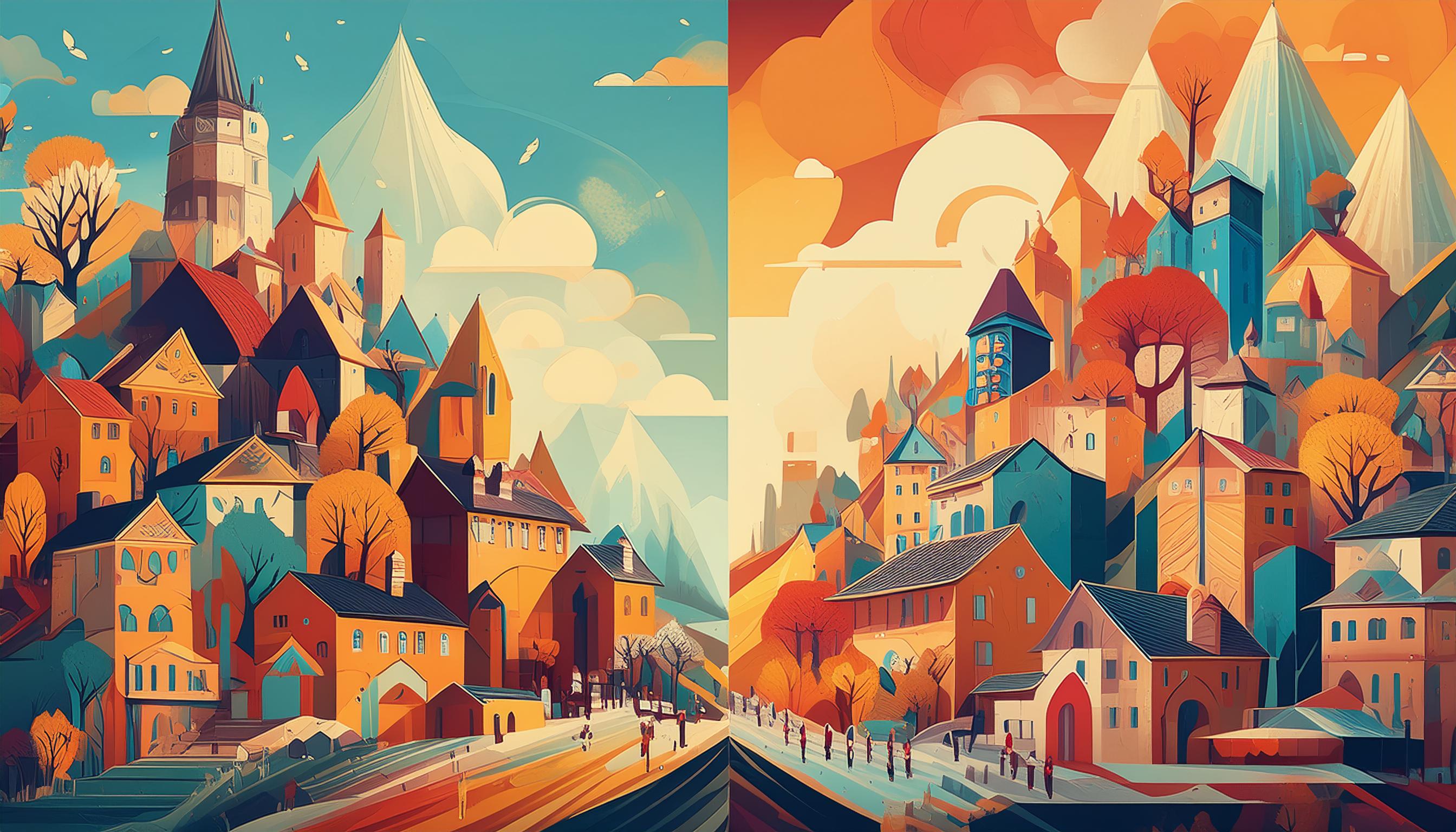 Zwei benachbarte, farbenfrohe Darstellungen von Dörfern in einer bergigen Landschaft, die unterschiedliche architektonische und stilistische Ansätze zeigen.
