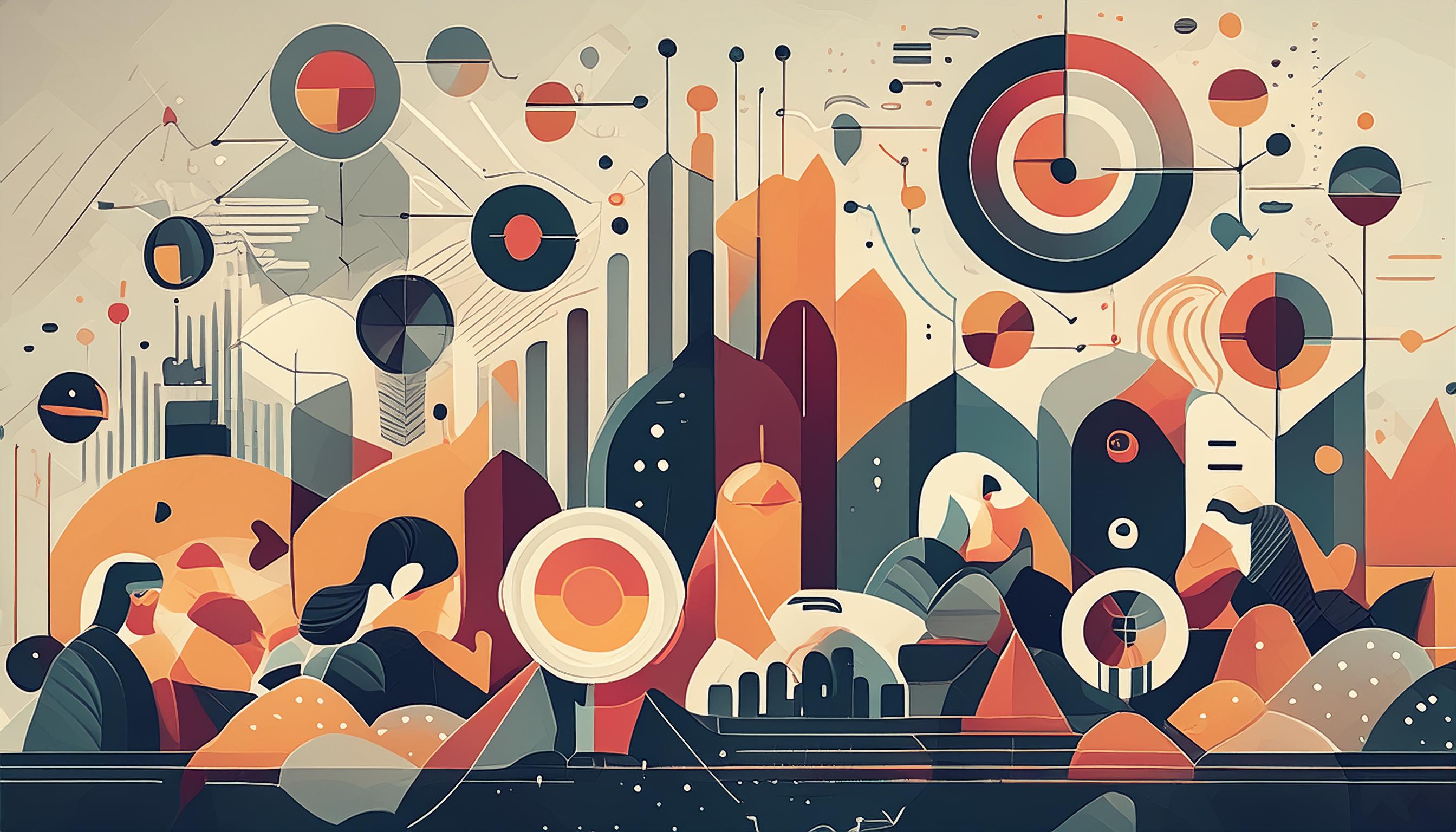 Eine abstrakte Darstellung verschiedener Datenpunkte und Netzwerke, die eine Marktanalyse und die Erhebung von Daten und Trends symbolisieren.