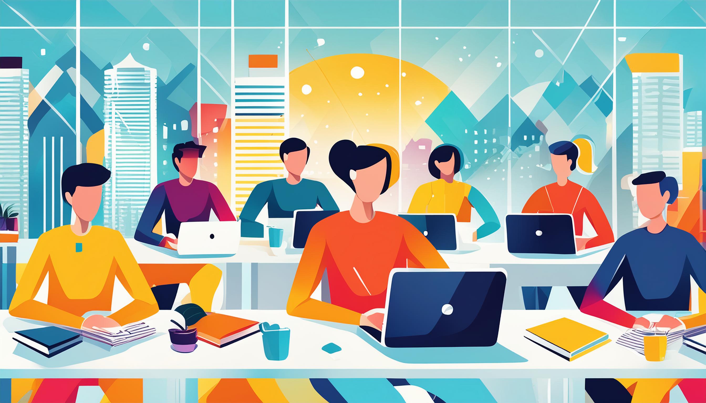 Eine Gruppe von Personen sitzt an einem großen Schreibtisch mit Laptops und studiert in einem modernen Büro mit einer Stadtlandschaft im Hintergrund.